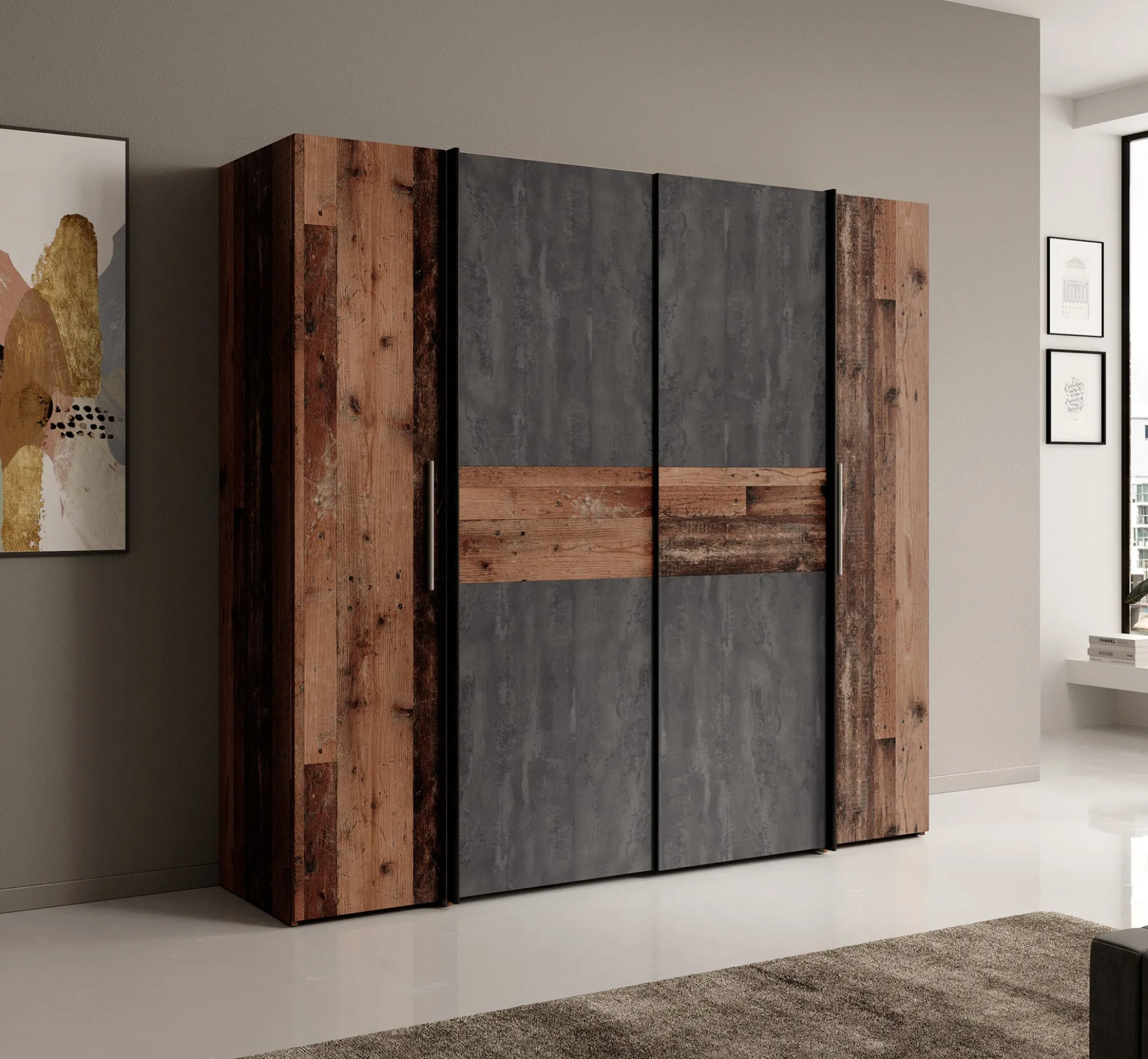 Kassel - Kledingkast met schuifdeuren - Old wood/grijs - 200x191x62 cm