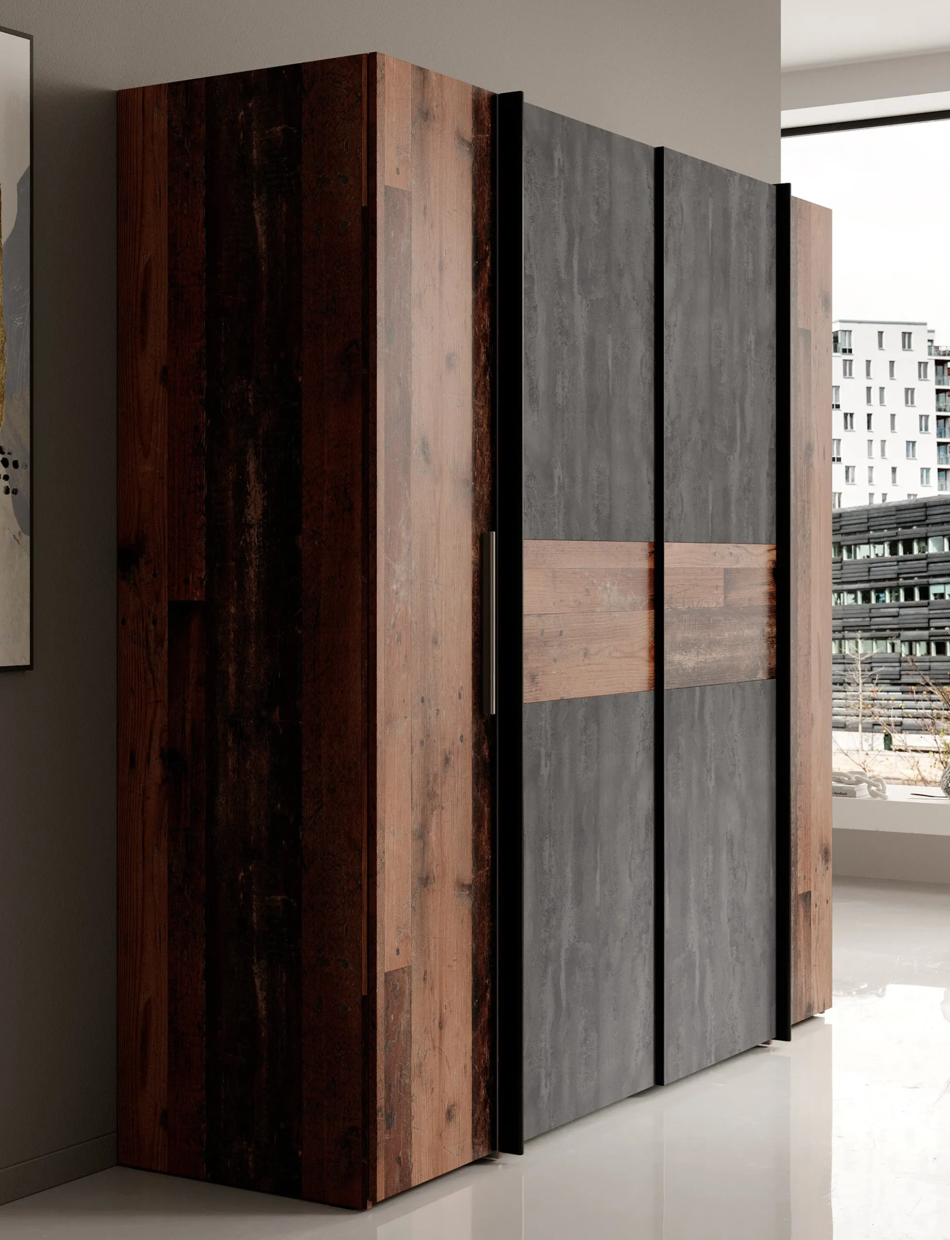 Kassel - Kledingkast met schuifdeuren - Old wood/grijs - 200x191x62 cm