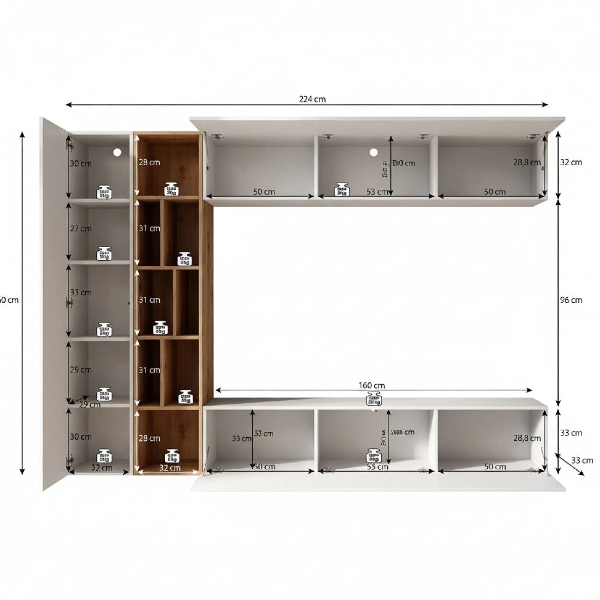 Kastila - Wandmeubel - Beige/Eikenpatroon - 224x33x160 cm