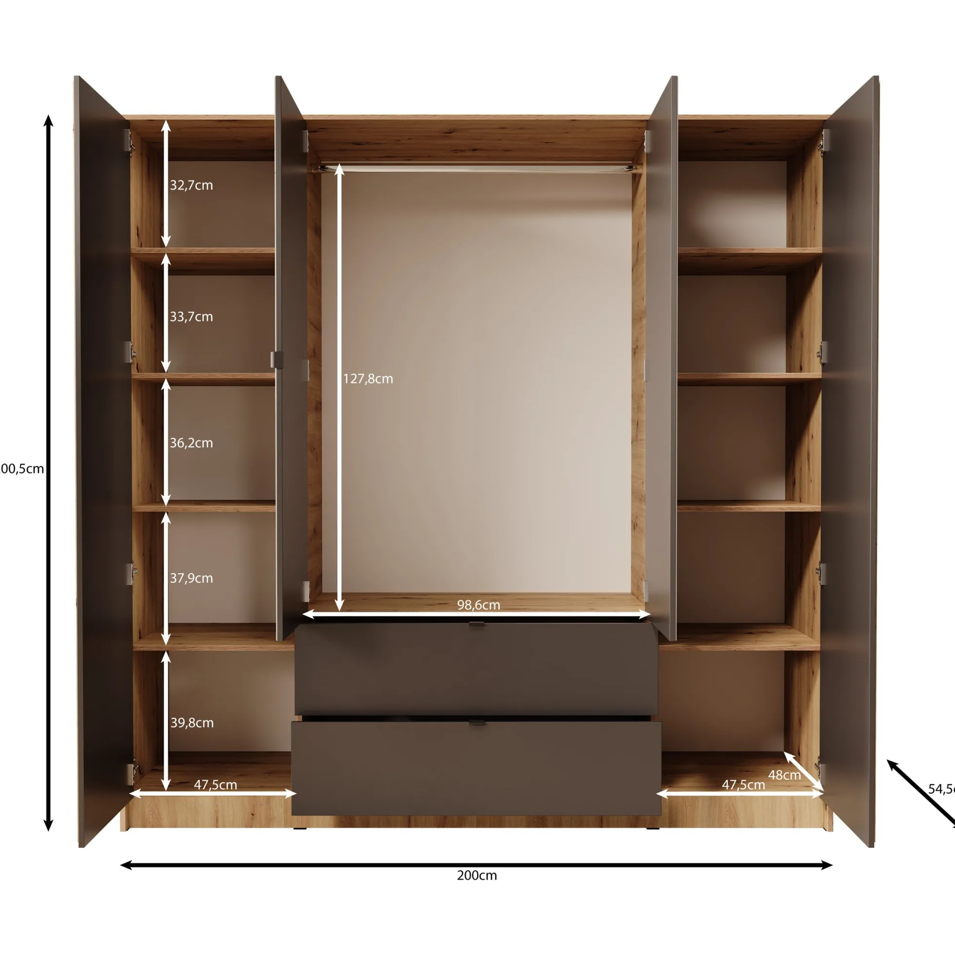 Kavalli - Kledingkast met 4 deuren - Eikenpatroon - 200x55x201 cm