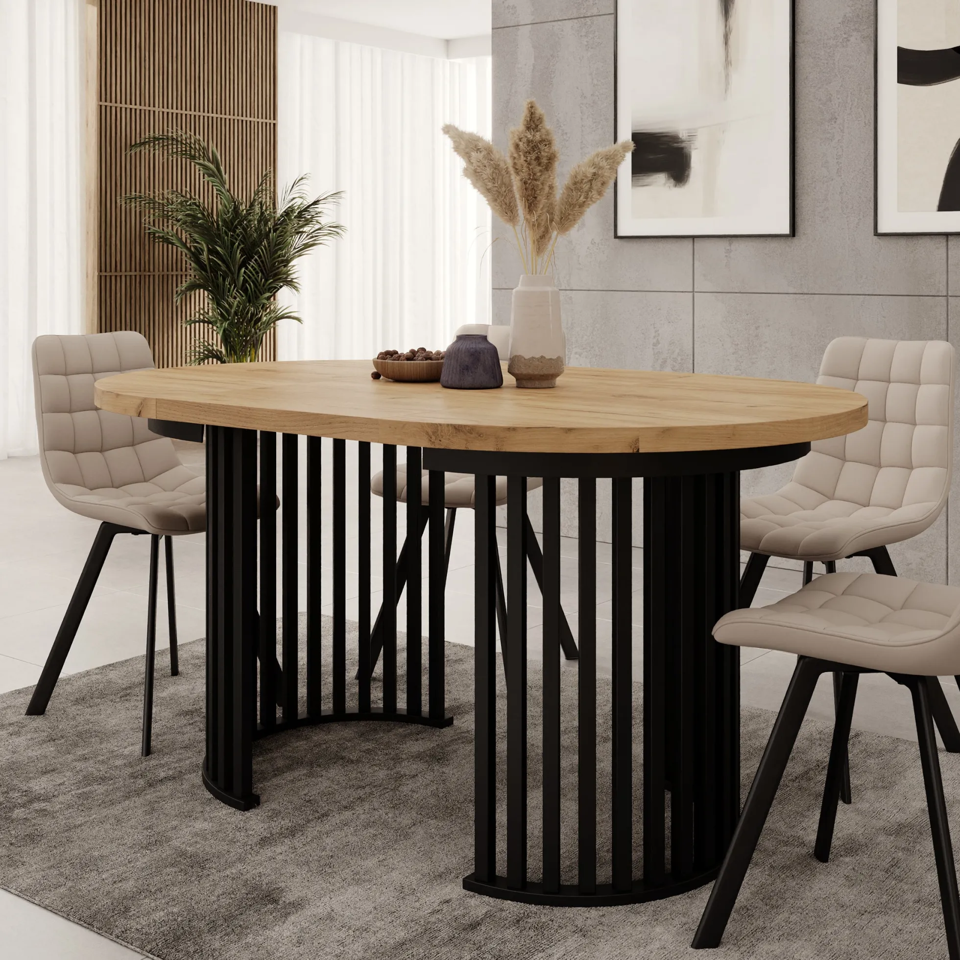 Kaya - Eetkamertafel - Eikenpatroon/Zwart - Uitschuifbaar - 100/150/20