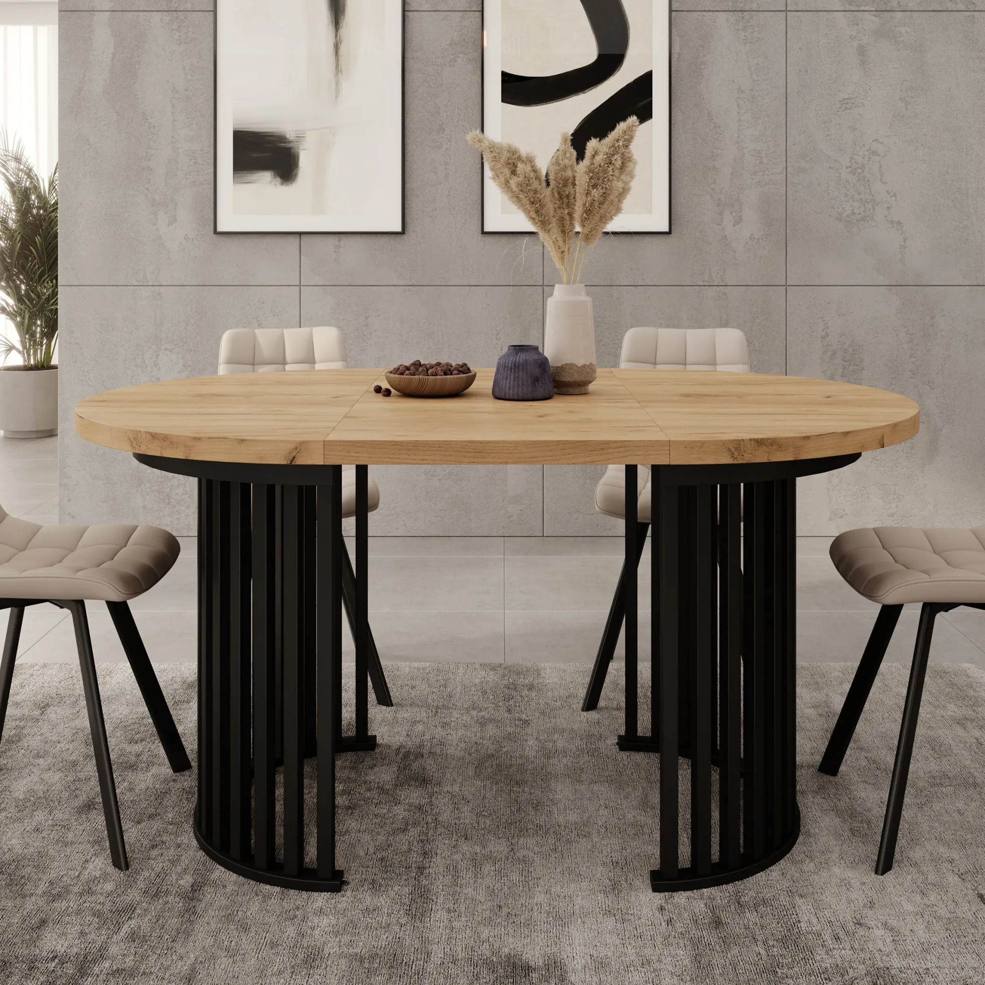 Kaya - Eetkamertafel - Eikenpatroon/Zwart - Uitschuifbaar - 100/150/20