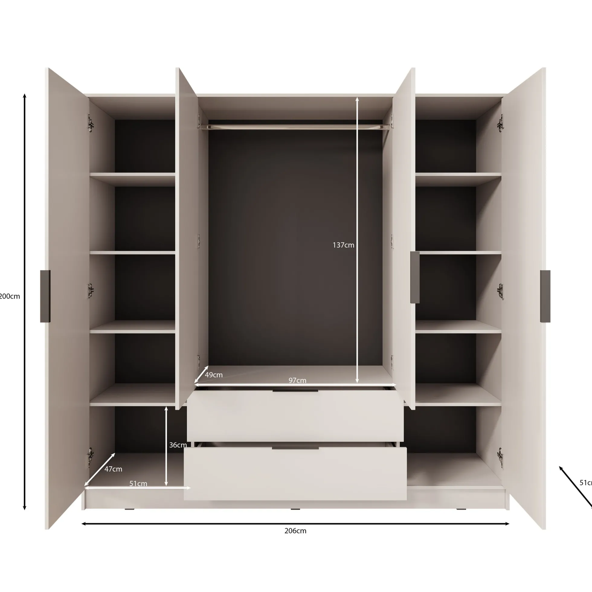 Kellan - Kledingkast 4-deurs - Beige - 206x51x200 cm