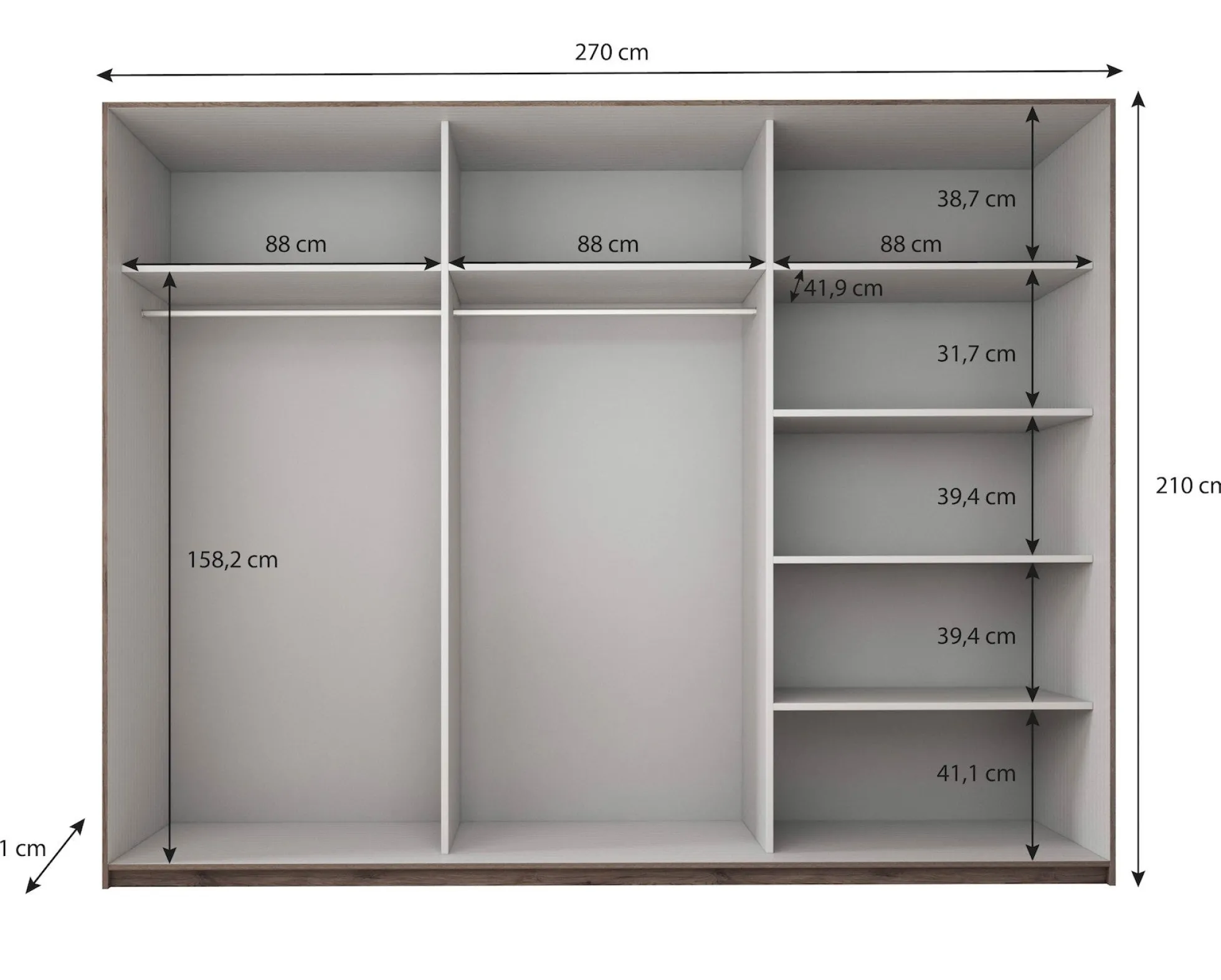 Kledingkast Gina - Antraciet eiken - 270 cm