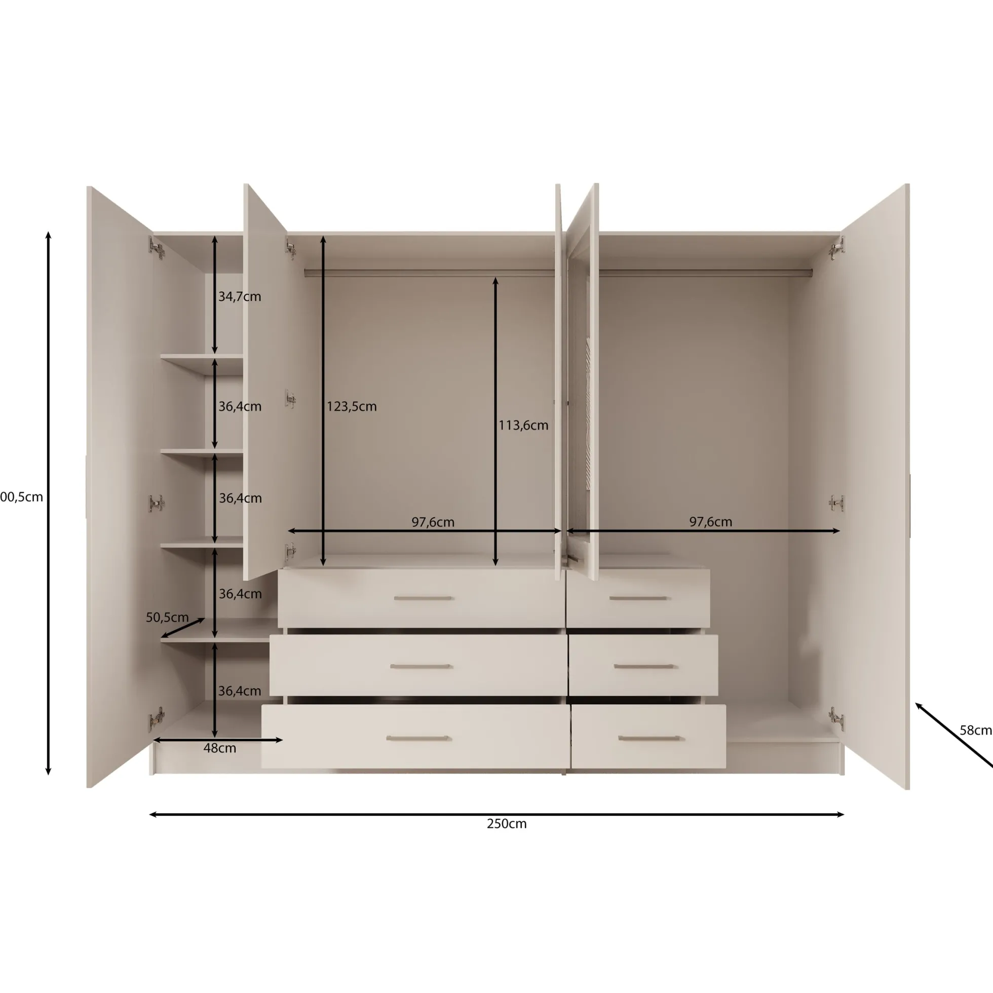 Komodo - Kledingkast met 5 deuren - Wit - 250x61x201 cm