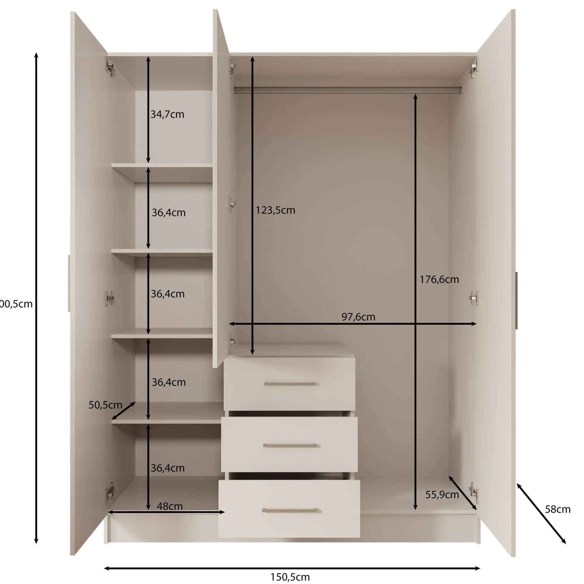 Komodo - Kledingkast met 3 deuren - Beige - 151x61x201 cm
