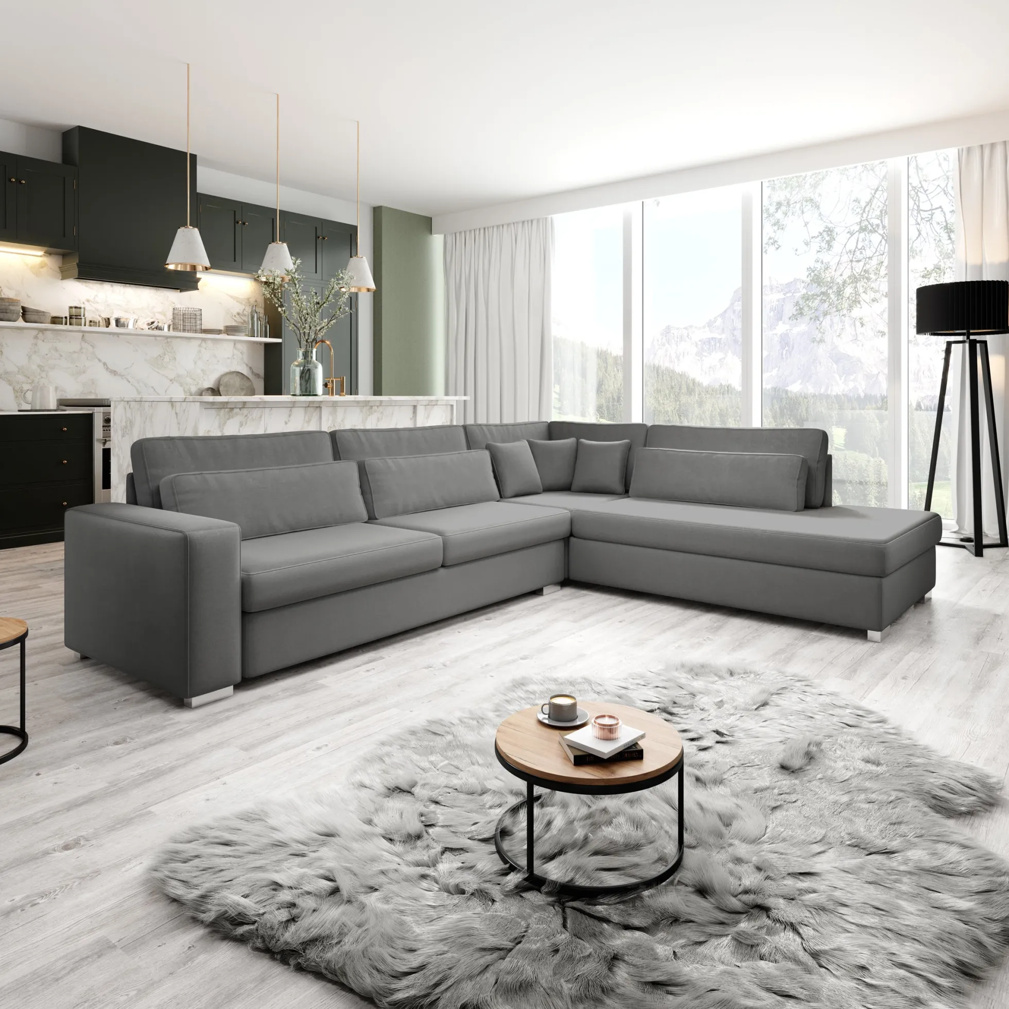 Kristina - Hoekbank 5-zits - Grijs velvet - Rechts - 320x245x88 cm
