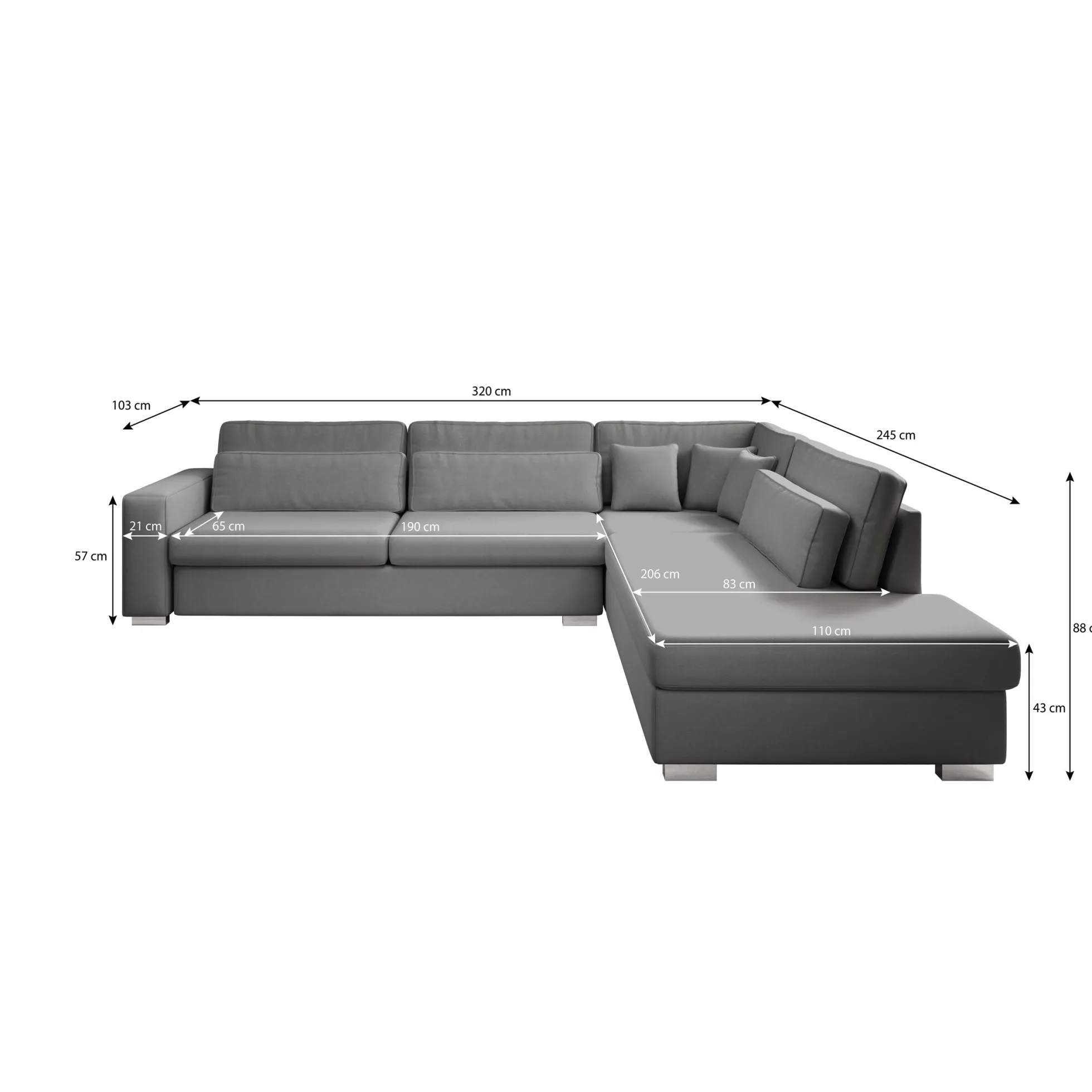 Kristina - Hoekbank 5-zits - Grijs velvet - Rechts - 320x245x88 cm