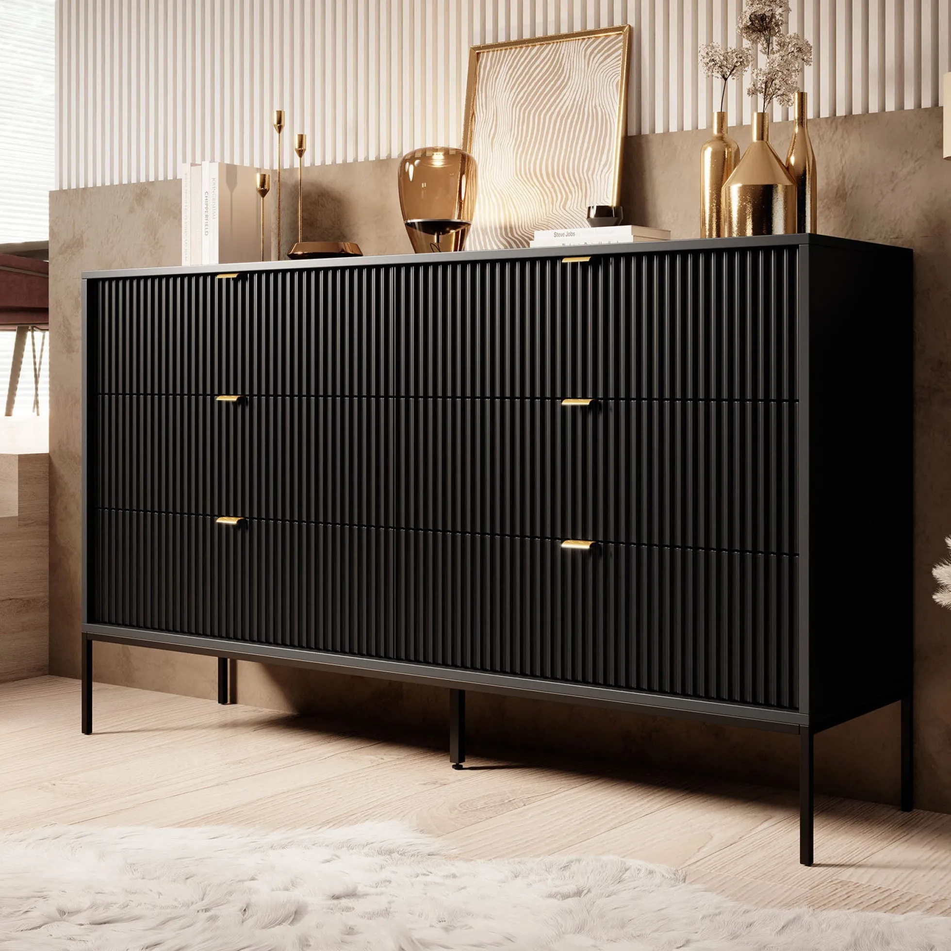 Ladekast Navil - Zwart - 154x39x91 cm