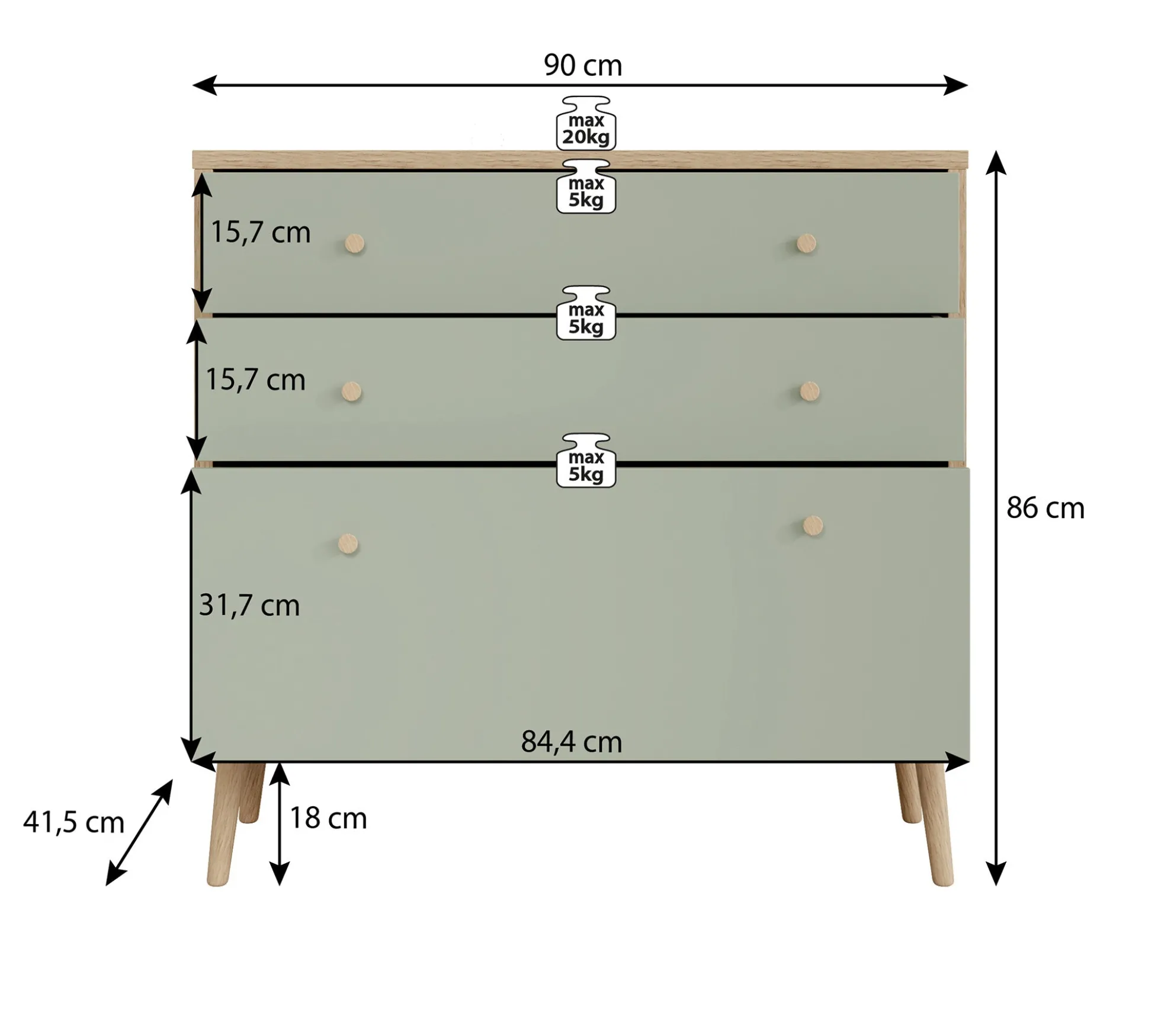 Ladekast Wally - Licht eiken - Groen - 90 cm