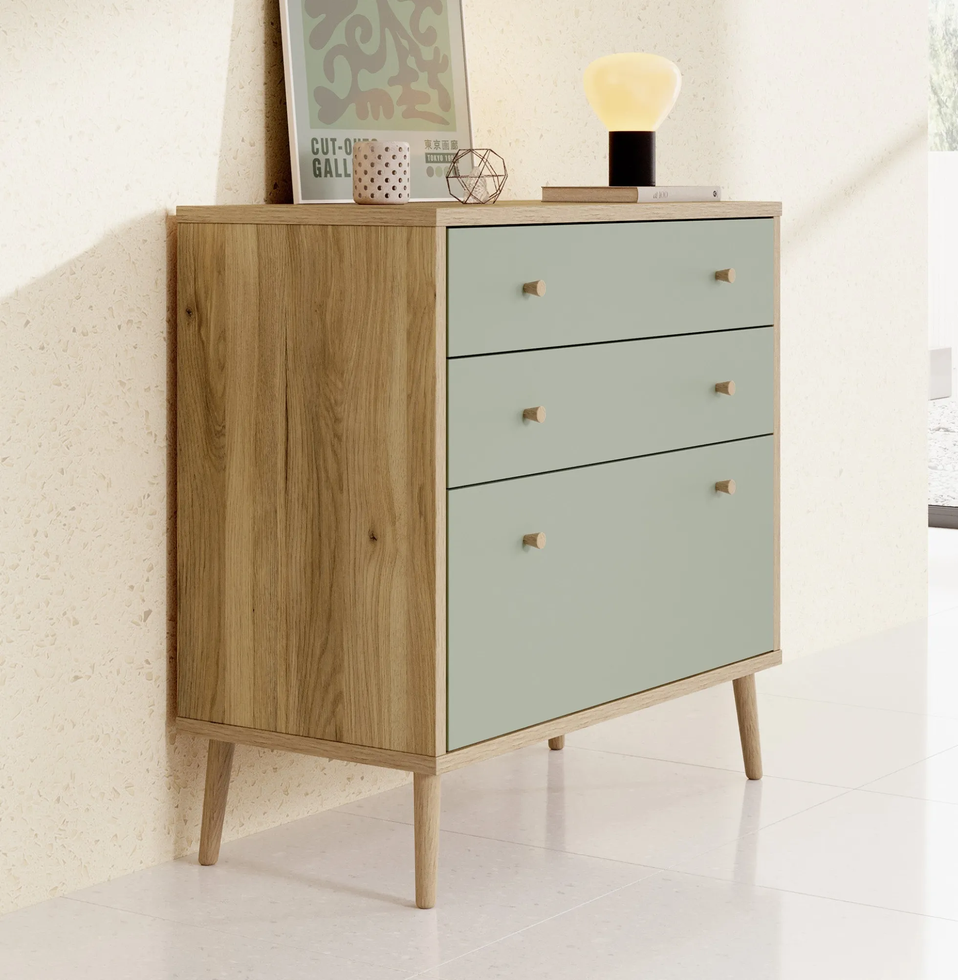Ladekast Wally - Licht eiken - Groen - 90 cm