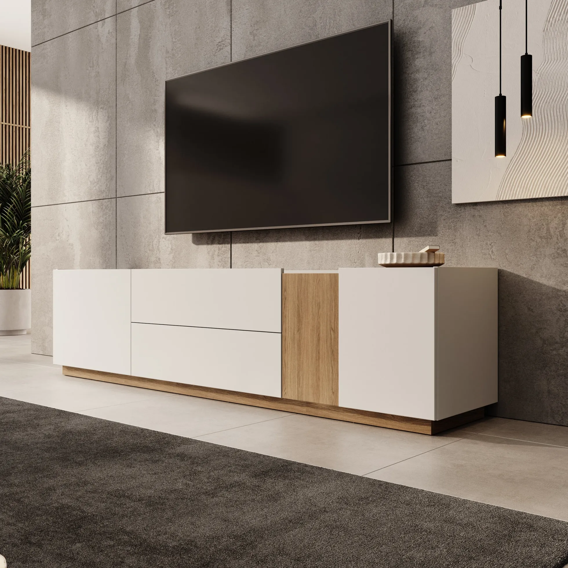 Lavar - TV-meubel - Wit/Eiken - 204x41x50 cm