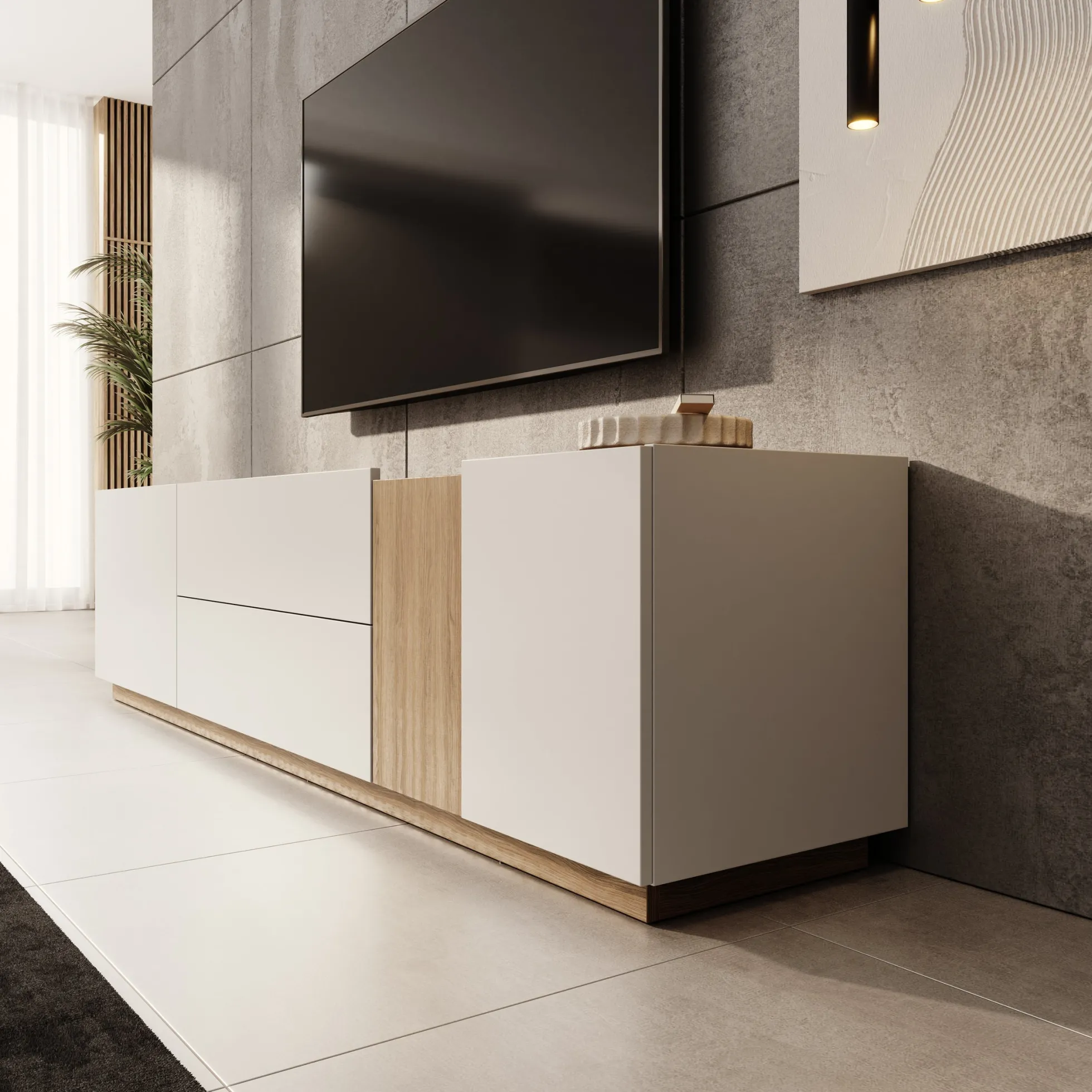 Lavar - TV-meubel - Wit/Eiken - 204x41x50 cm