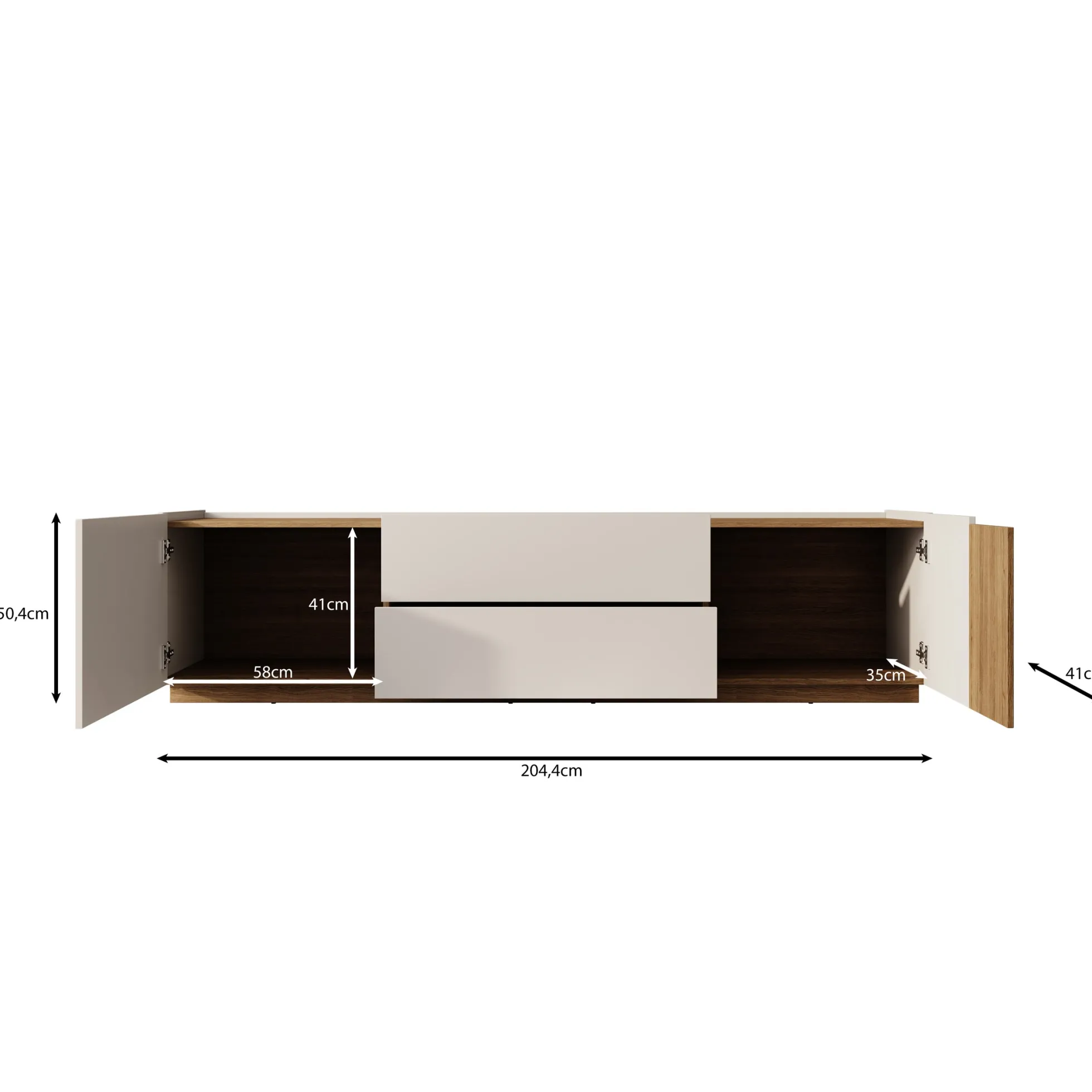 Lavar - TV-meubel - Wit/Eiken - 204x41x50 cm