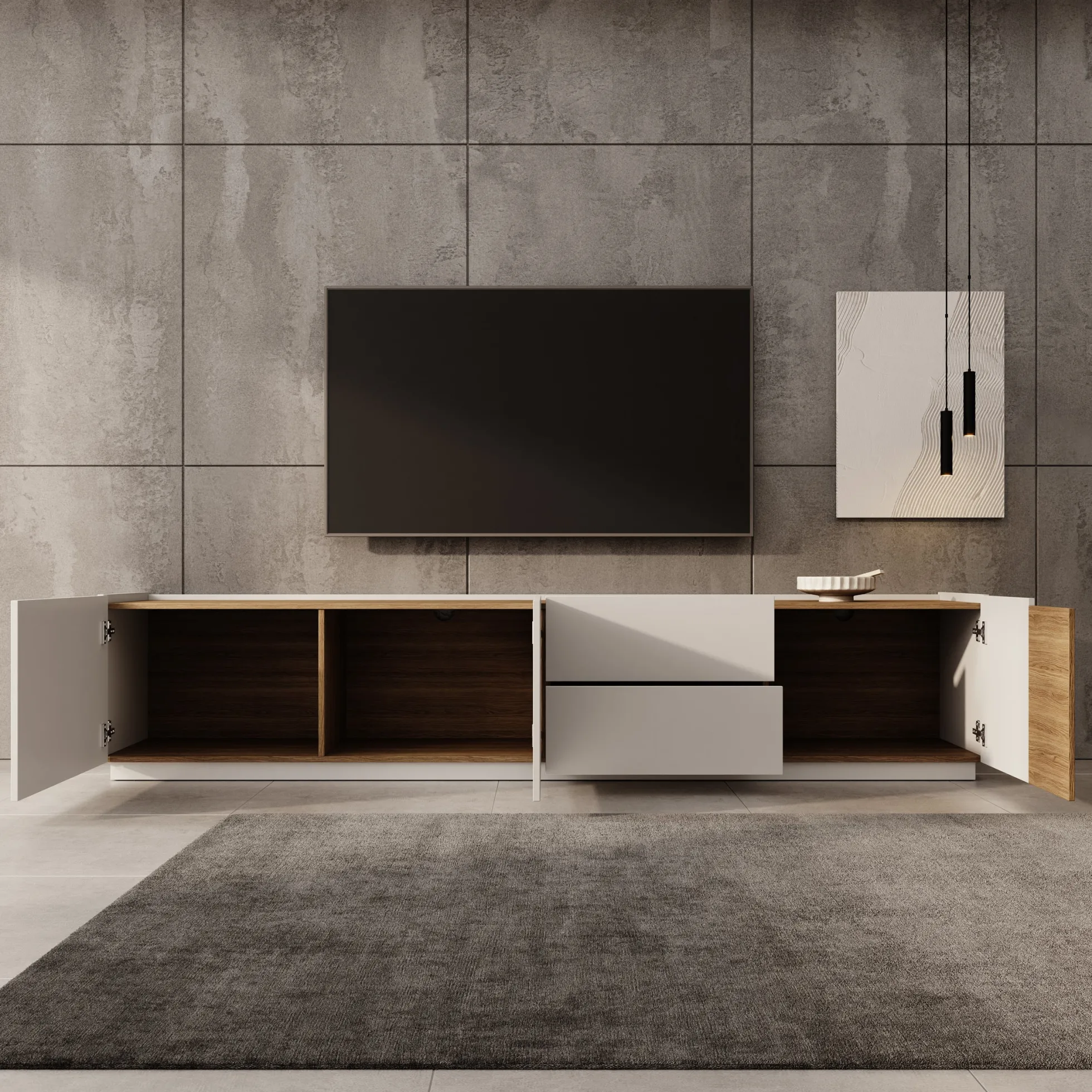 Lavar - TV-meubel - Wit/Eiken - 239x41x50 cm