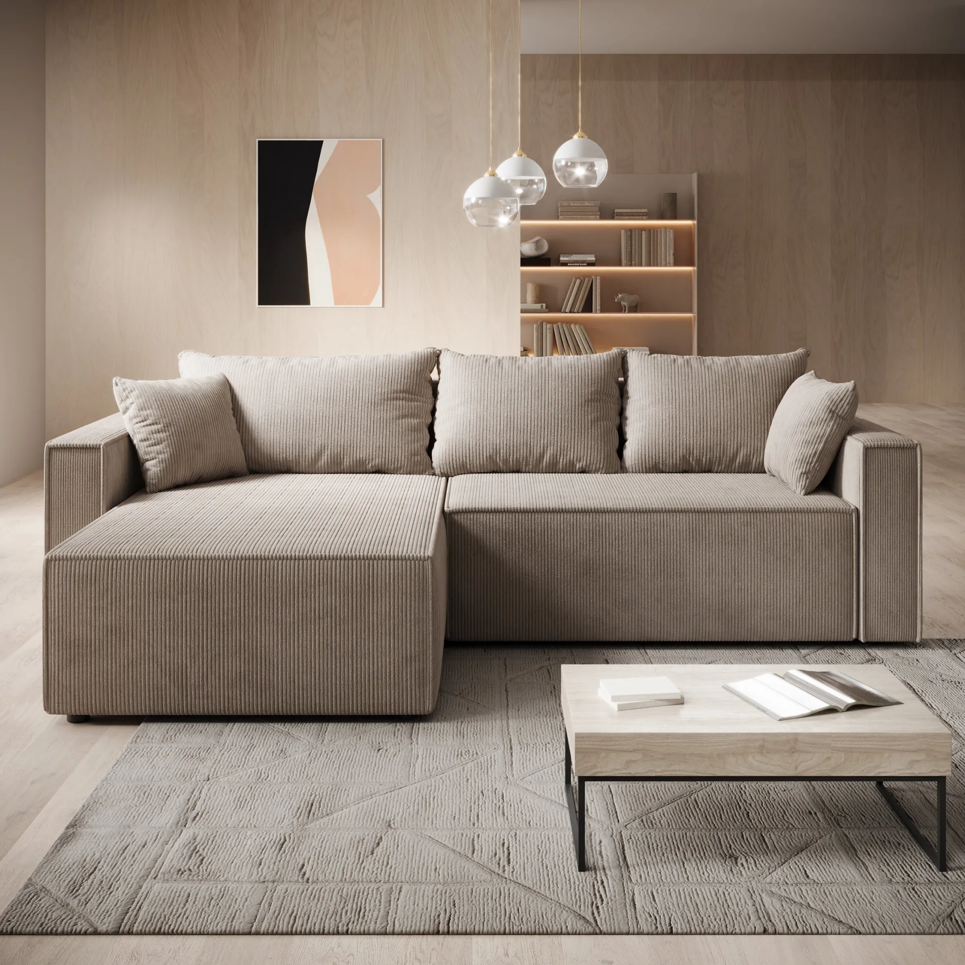 Lawrence - Hoekbank 3-zits met chaise longue - Ribstof bruin - Links