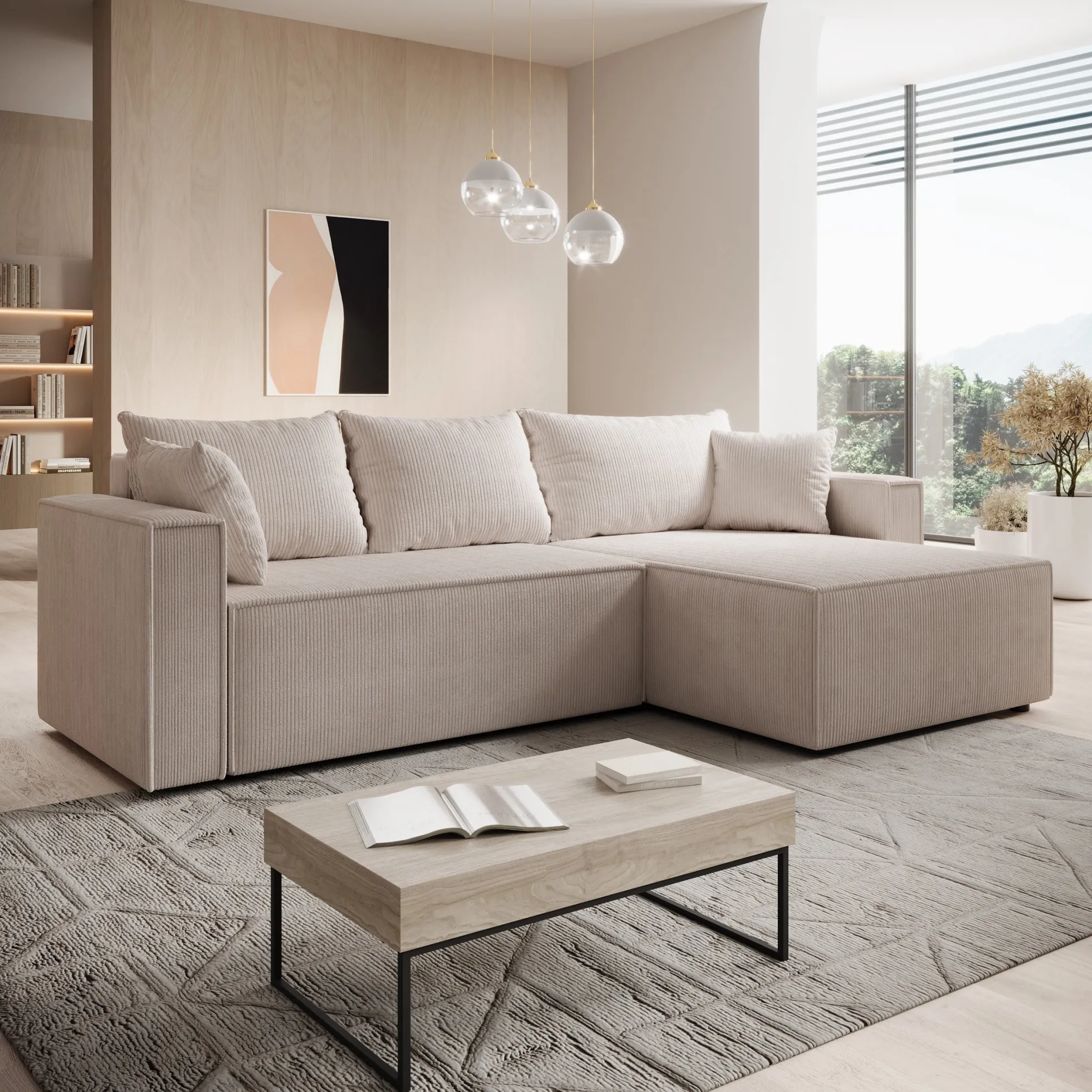 Lawrence - Hoekbank 3-zits met chaise longue - Ribstof beige - Rechts