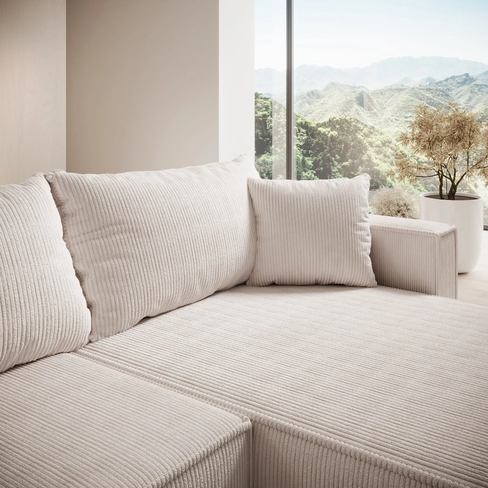 Lawrence - Hoekbank 3-zits met chaise longue - Ribstof beige - Rechts