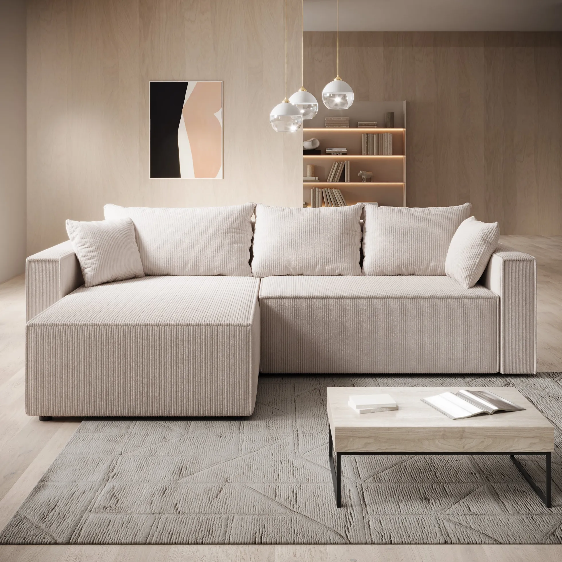 Lawrence - Hoekbank 3-zits met chaise longue - Ribstof beige - Links