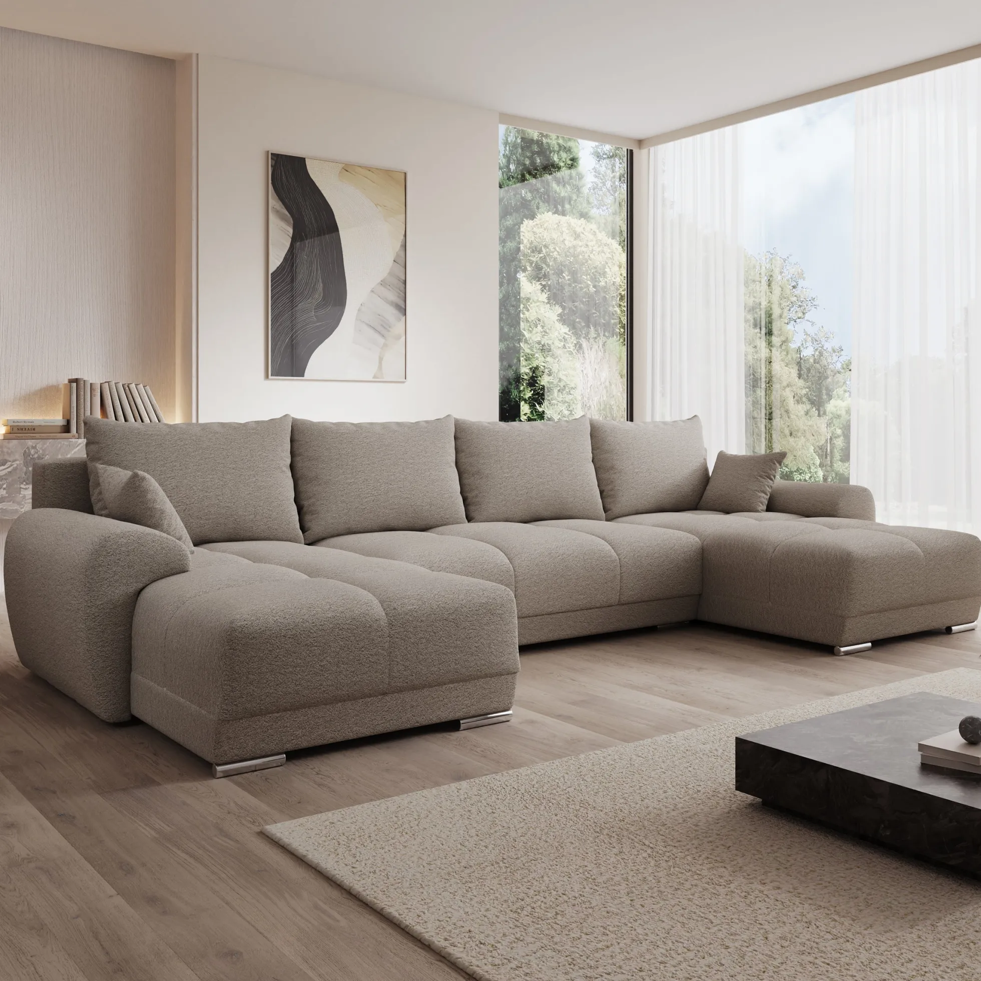 Layana U - Hoekbank 4-zits met chaise longue - Stof beige - Universeel