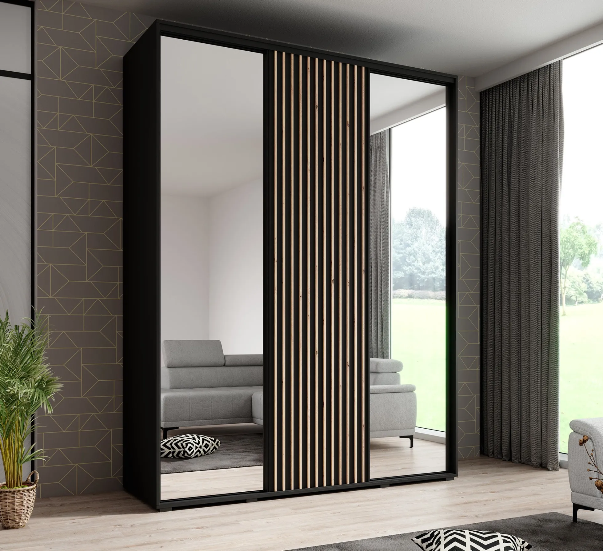 Leandro - Kledingkast met schuifdeuren - Zwart - 180x60x235 cm