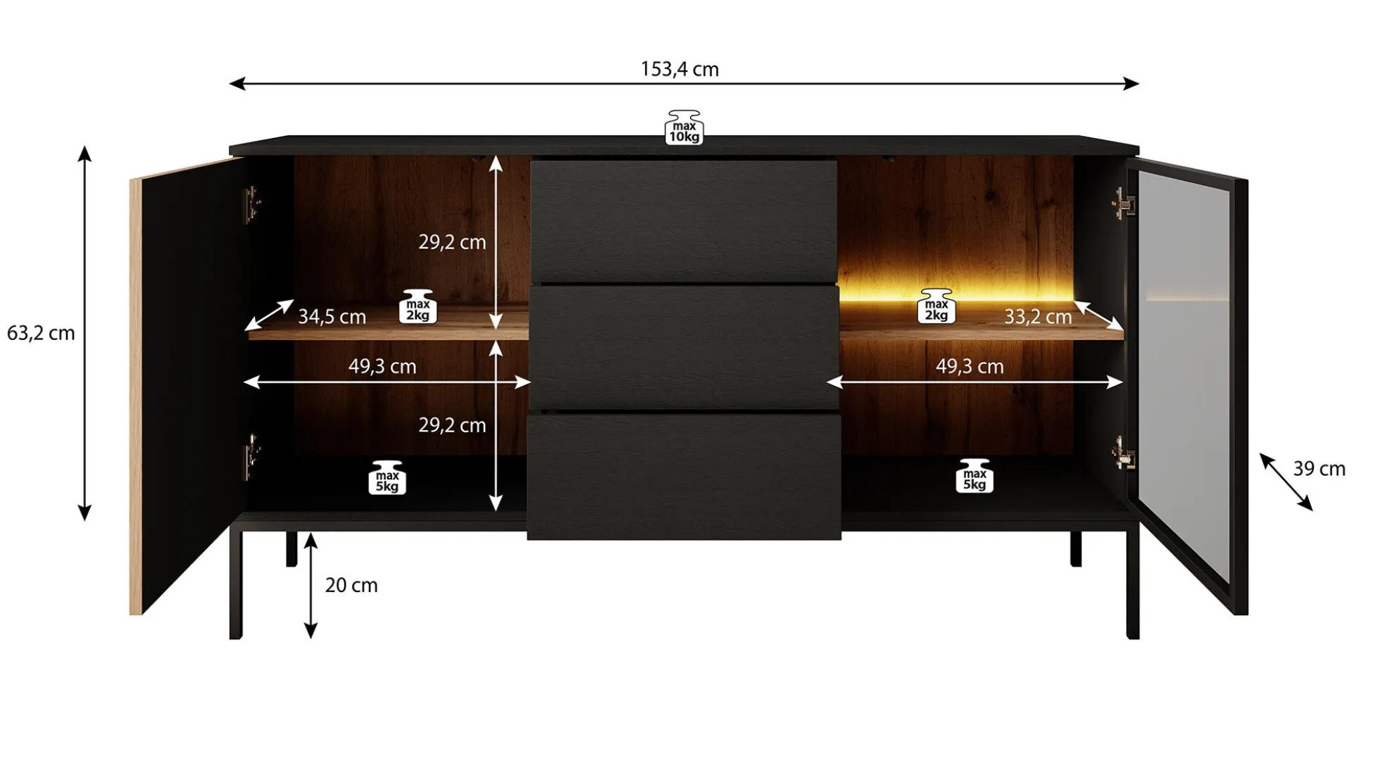 Legend 2 - Dressoir - Zwart/eiken - 154x39x83 cm