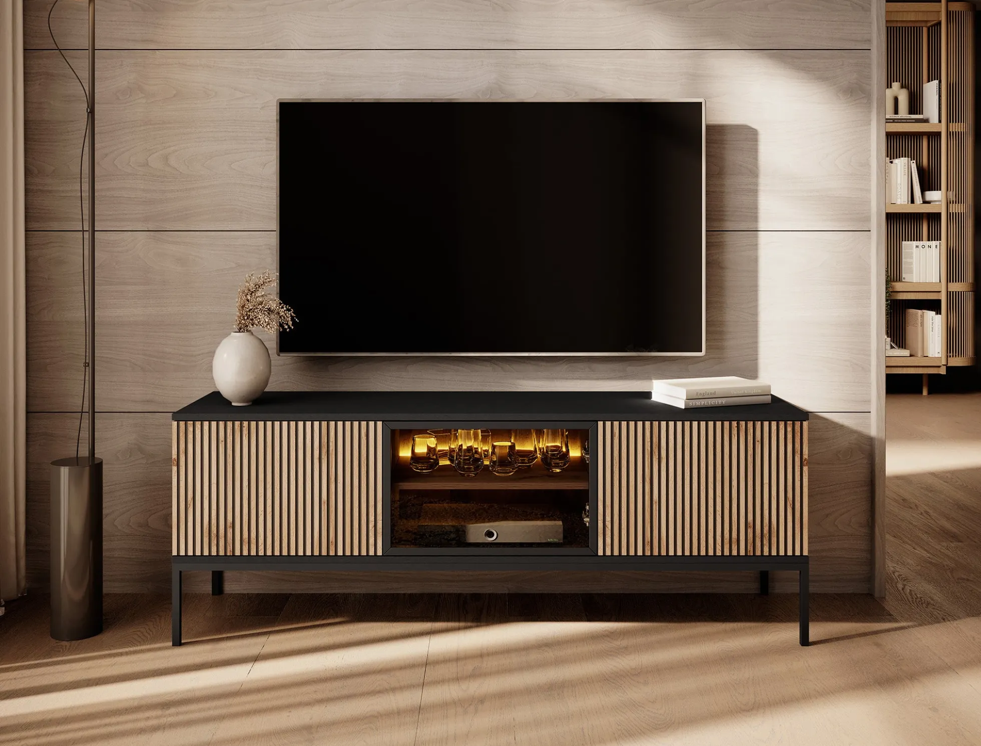 Legend - TV-Meubel met 3 deuren - Mat zwart/eiken - 154 cm