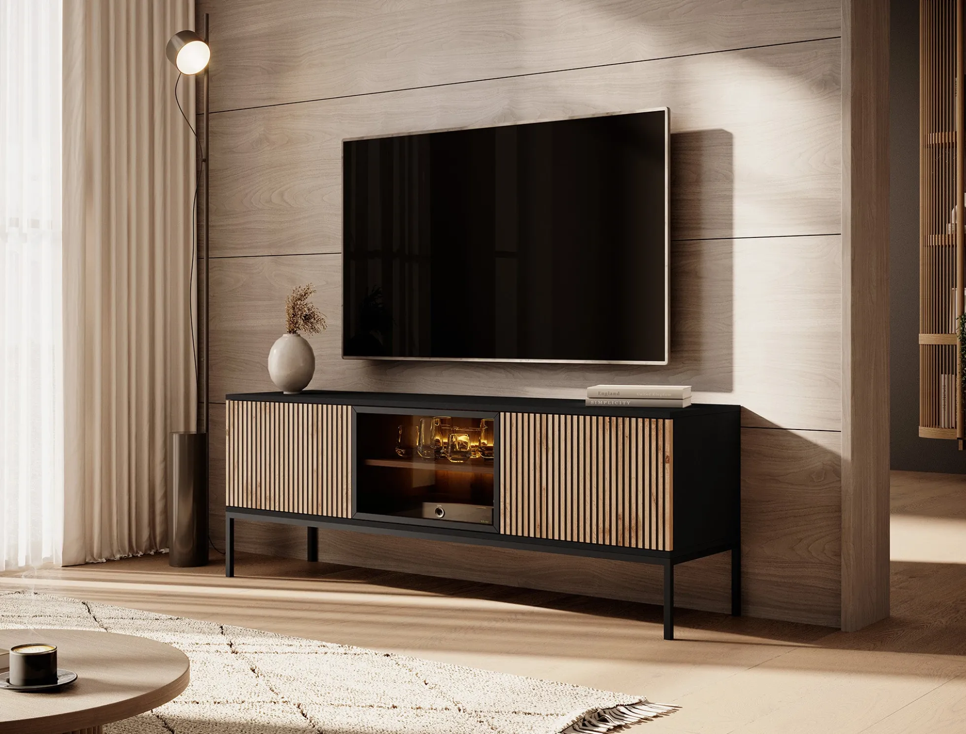 Legend - TV-Meubel met 3 deuren - Mat zwart/eiken - 154 cm