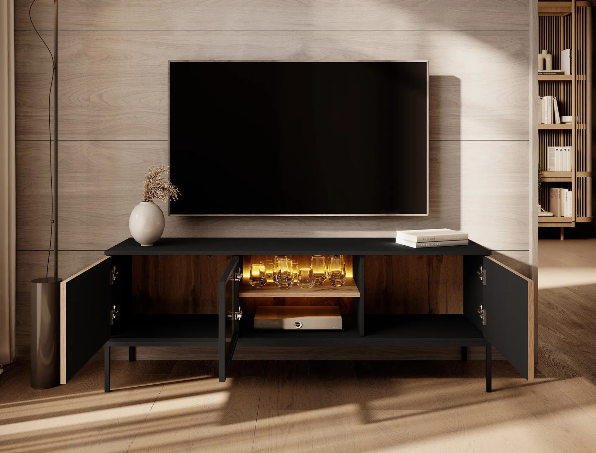 Legend - TV-Meubel met 3 deuren - Mat zwart/eiken - 154 cm