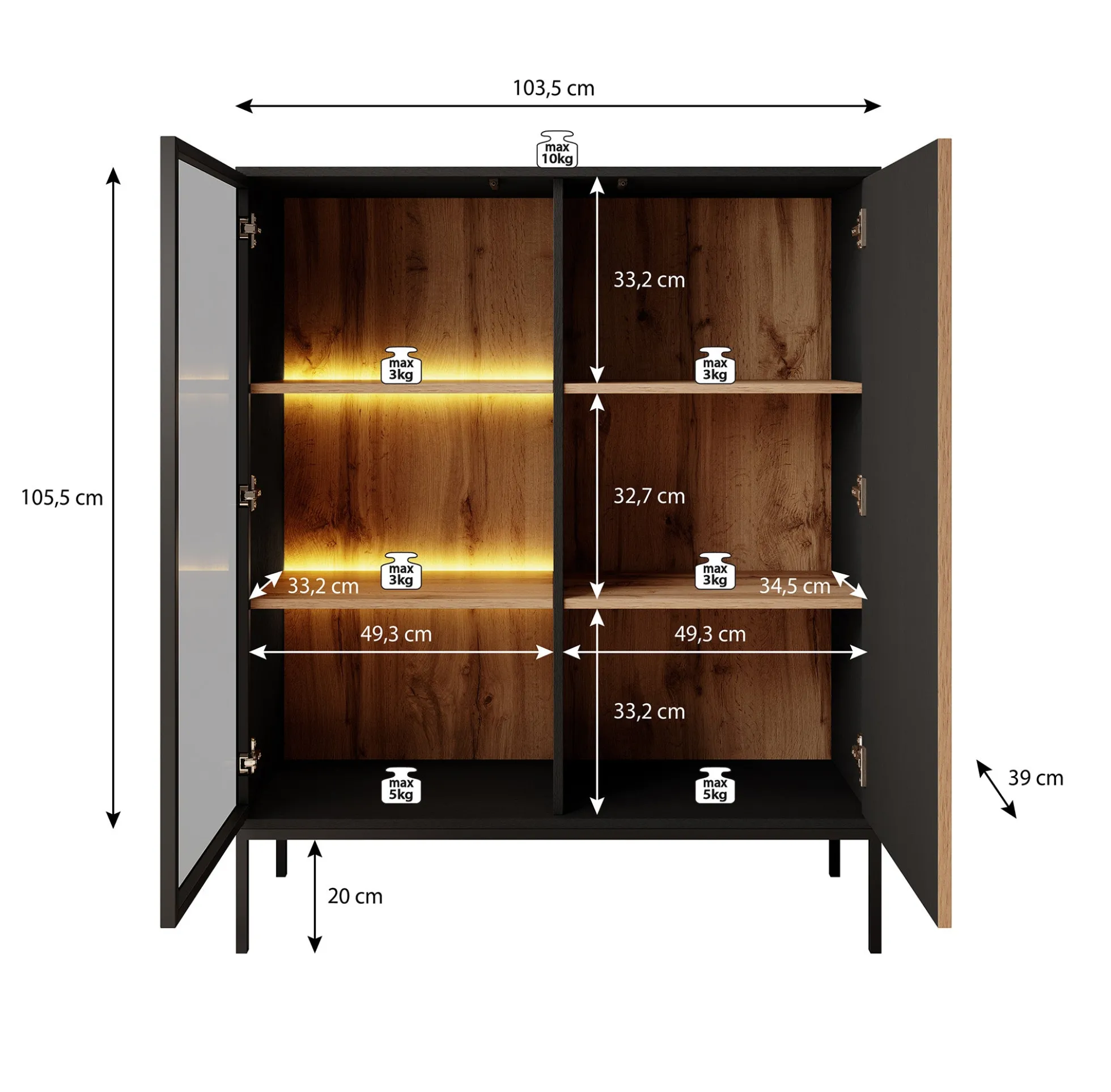 Legend - Vitrinekast - Zwart/eiken - 104x39x126 cm