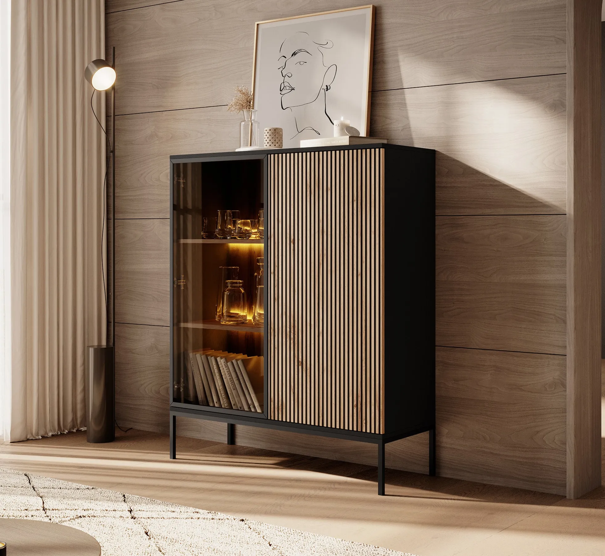 Legend - Vitrinekast - Zwart/eiken - 104x39x126 cm