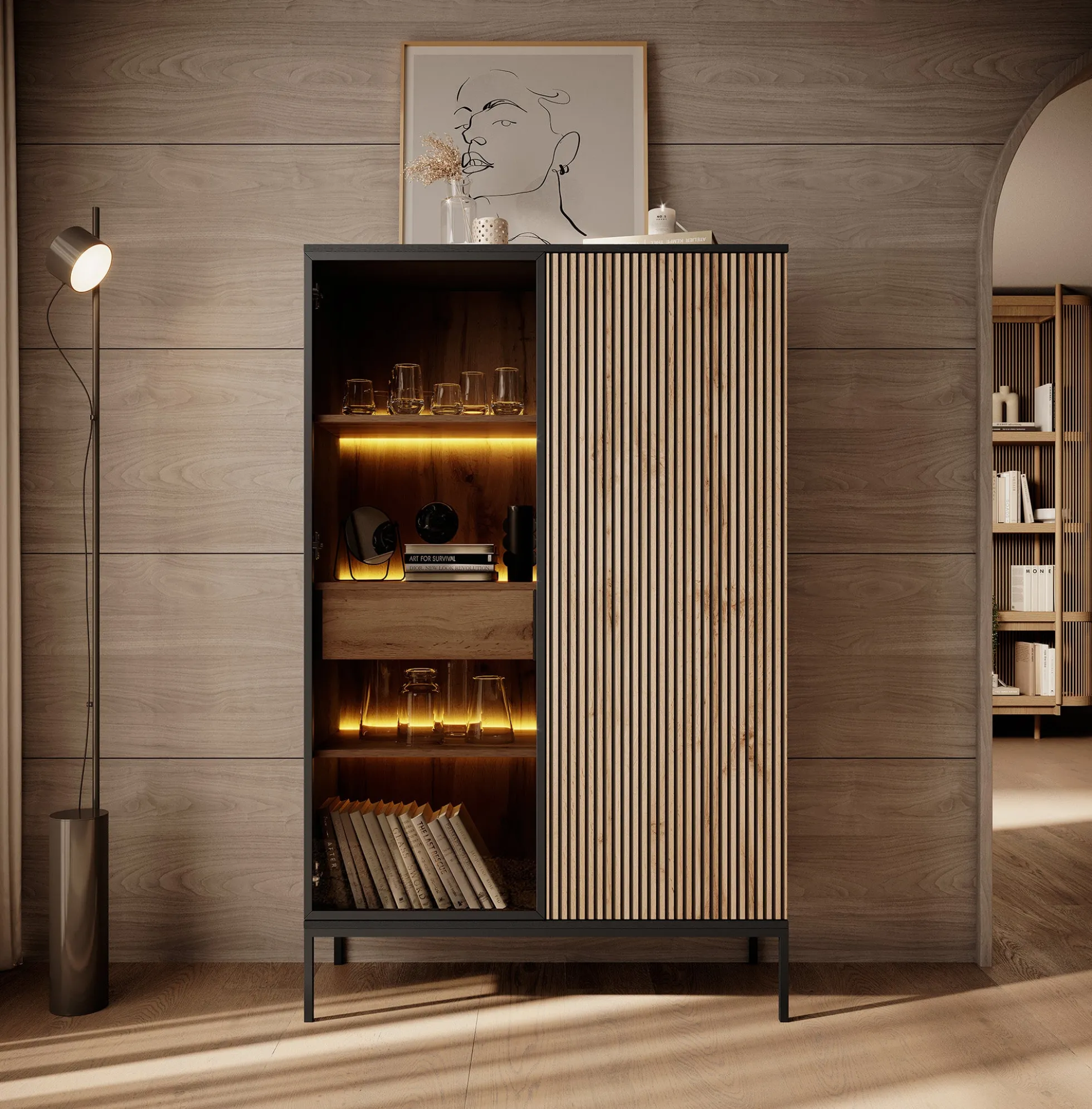 Legend - Vitrinekast - Zwart/eiken - 104x39x166 cm
