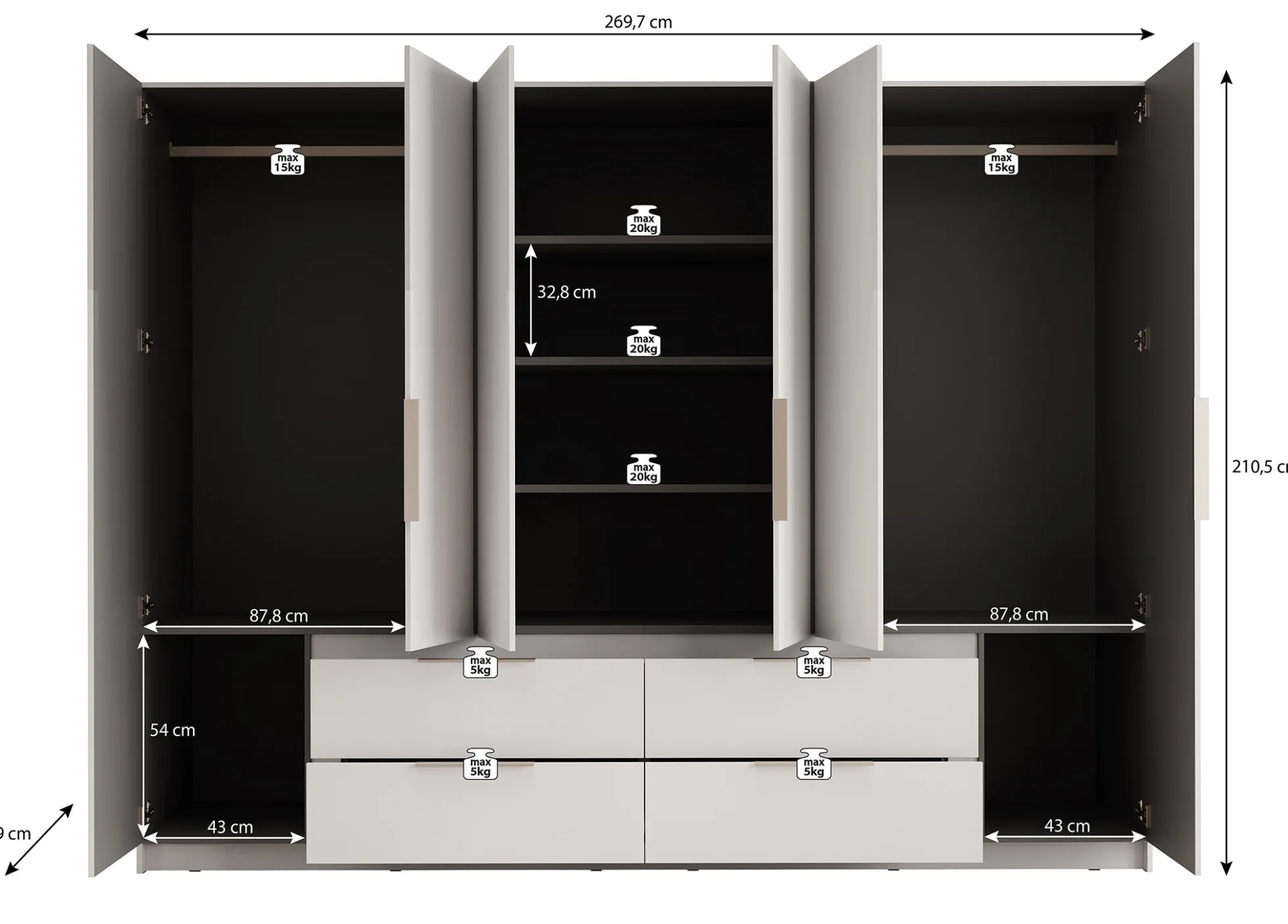Leipzig - Kledingkast 6-deurs - Wit - 270x59x211 cm