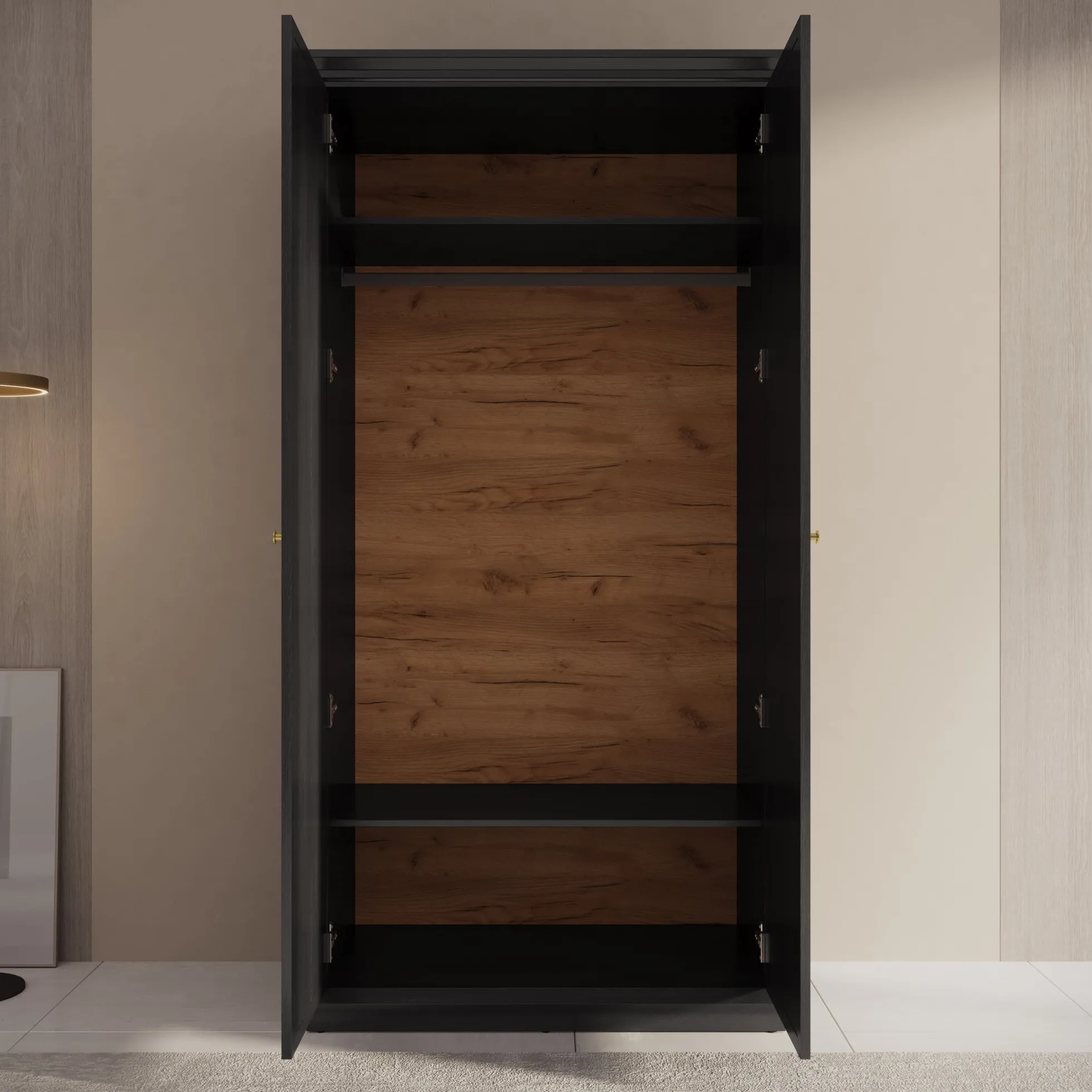 Leroy - Kledingkast 2-deurs - Zwart/eiken - 102x56x199 cm