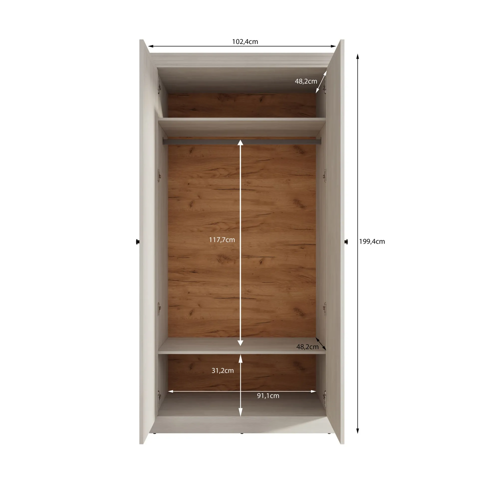Leroy - Kledingkast 2-deurs - Zwart/eiken - 102x56x199 cm