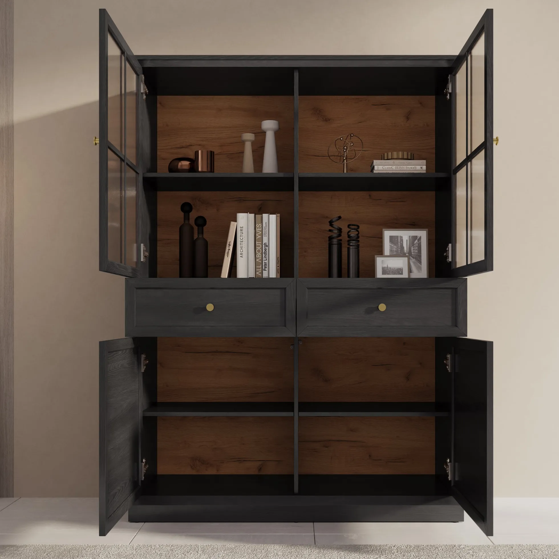 Leroy - Vitrinekast - Zwart - 114x40x161 cm