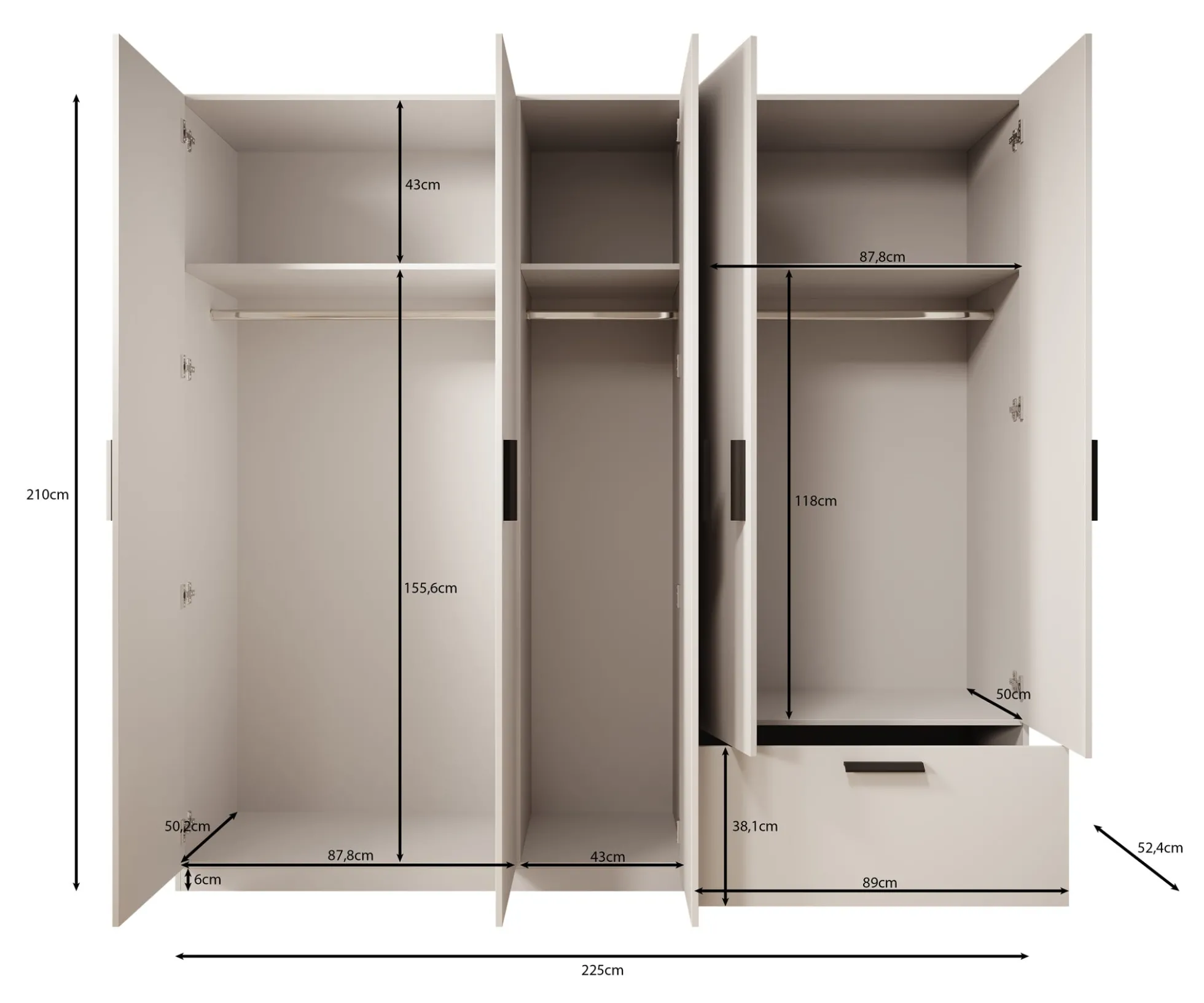 Lillian - Kledingkast 5-deurs - Wit - 225x54x210 cm