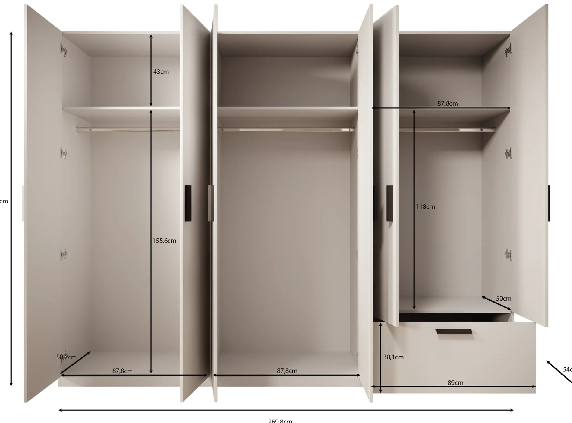 Lillian - Kledingkast 6-deurs - Wit - 270x54x210 cm