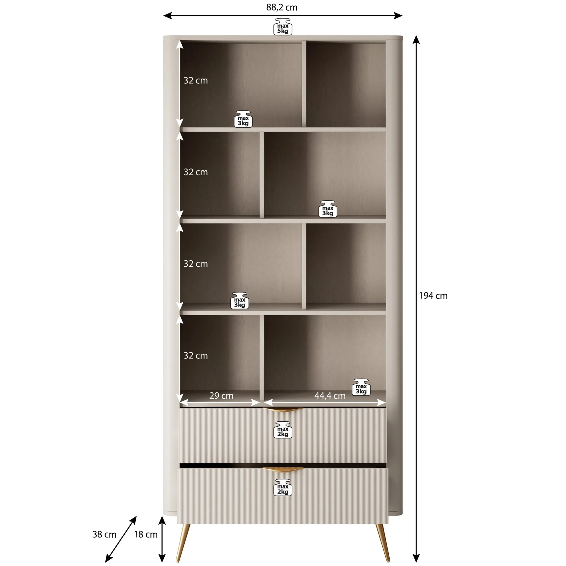 Lima - Boekenkast - Beige - 88x38x194 cm