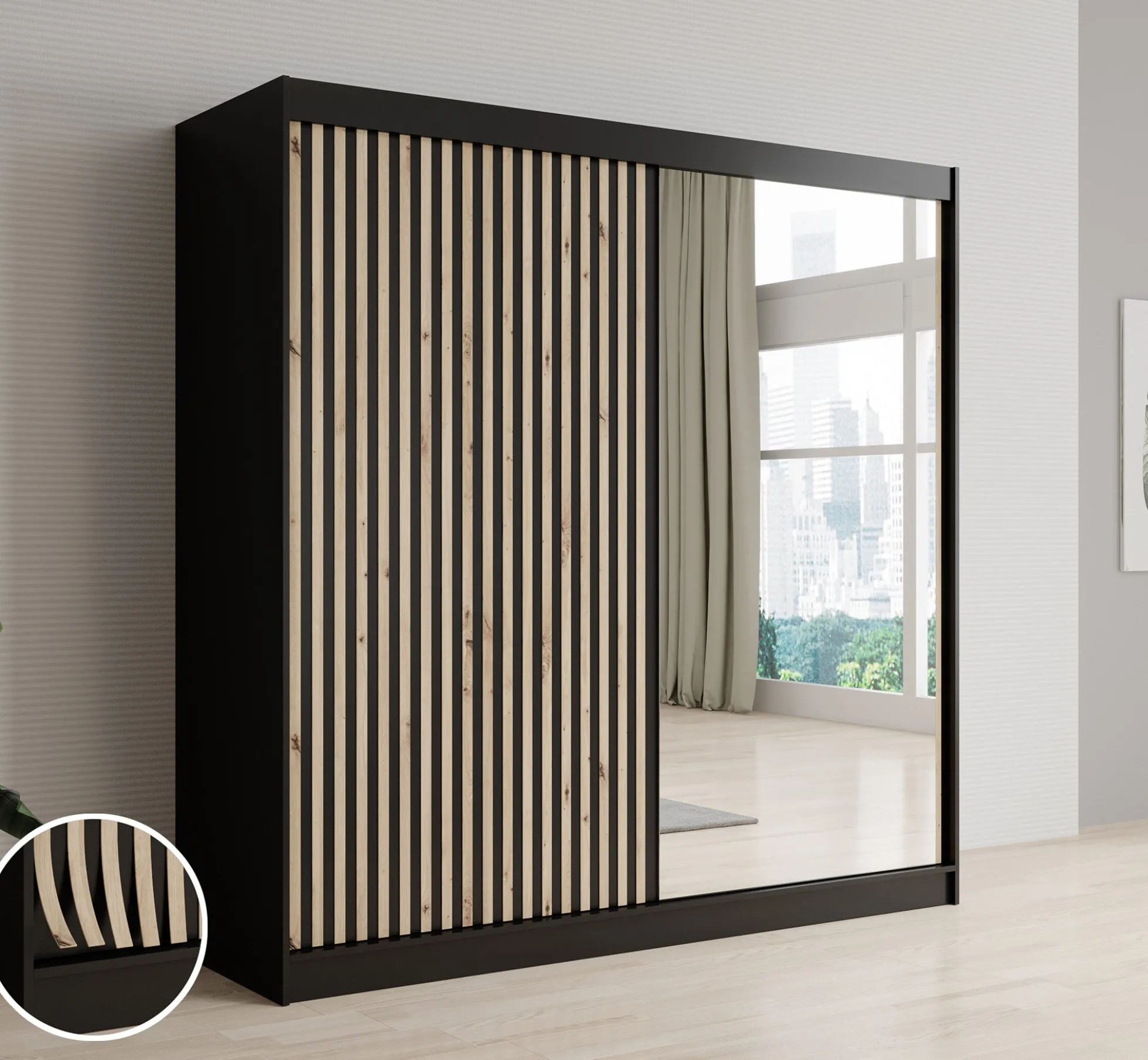 Lisbon 2 - Kledingkast met schuifdeuren - Zwart/eiken - 200x62x200 cm