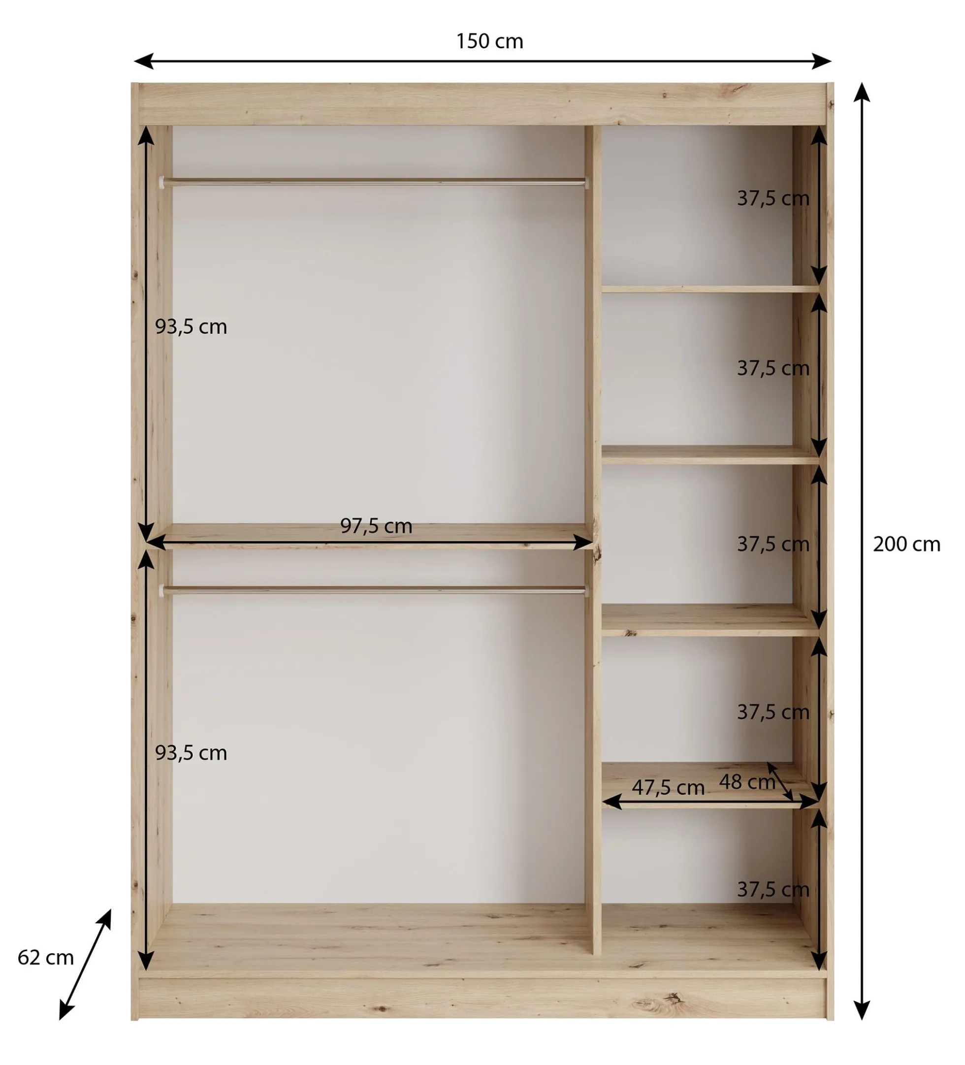 Lisbon 2 - Kledingkast met schuifdeuren - Eiken - 150x62x200 cm