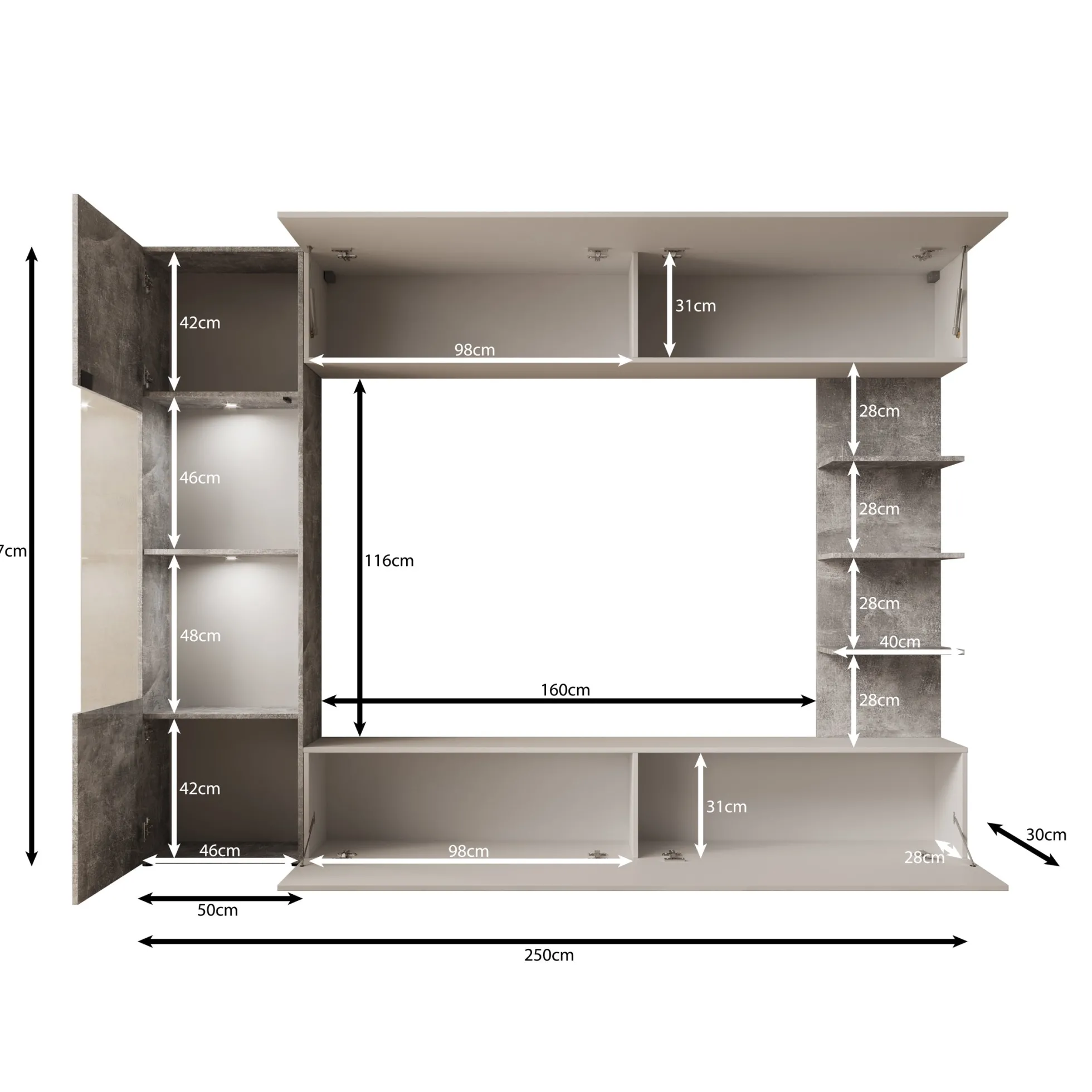 Lomezzo - Wandmeubel met verlichting - Beige/Eikenpatroon - 250x30x187