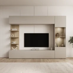 Lomezzo - Wandmeubel met verlichting - Beige/Eikenpatroon - 250x30x187