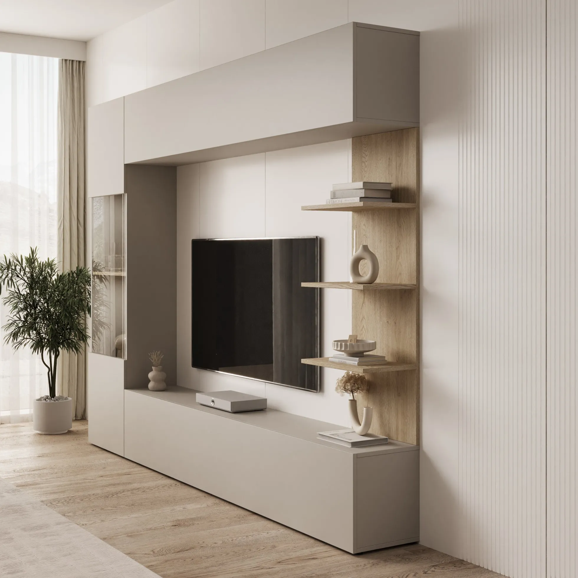 Lomezzo - Wandmeubel met verlichting - Beige/Eikenpatroon - 250x30x187
