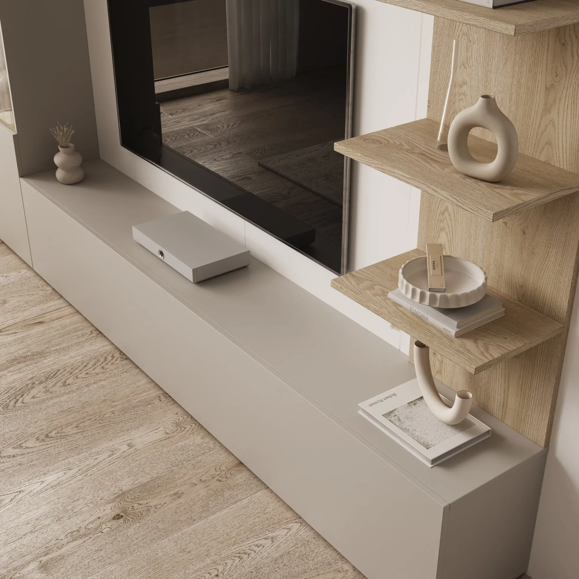 Lomezzo - Wandmeubel met verlichting - Beige/Eikenpatroon - 250x30x187