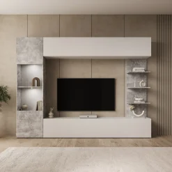 Lomezzo - Wandmeubel met verlichting - Wit/Betonlook - 250x30x187 cm