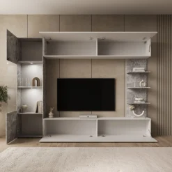 Lomezzo - Wandmeubel met verlichting - Wit/Betonlook - 250x30x187 cm