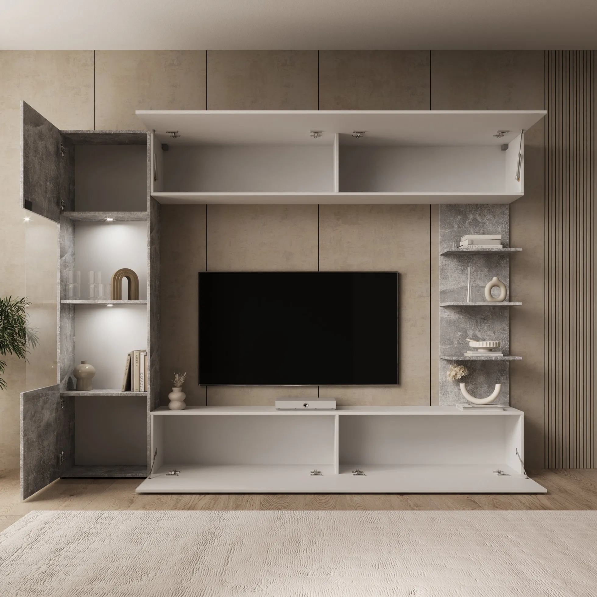 Lomezzo - Wandmeubel met verlichting - Wit/Betonlook - 250x30x187 cm
