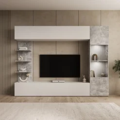 Lomezzo - Wandmeubel met verlichting - Wit/Betonlook - 250x30x187 cm