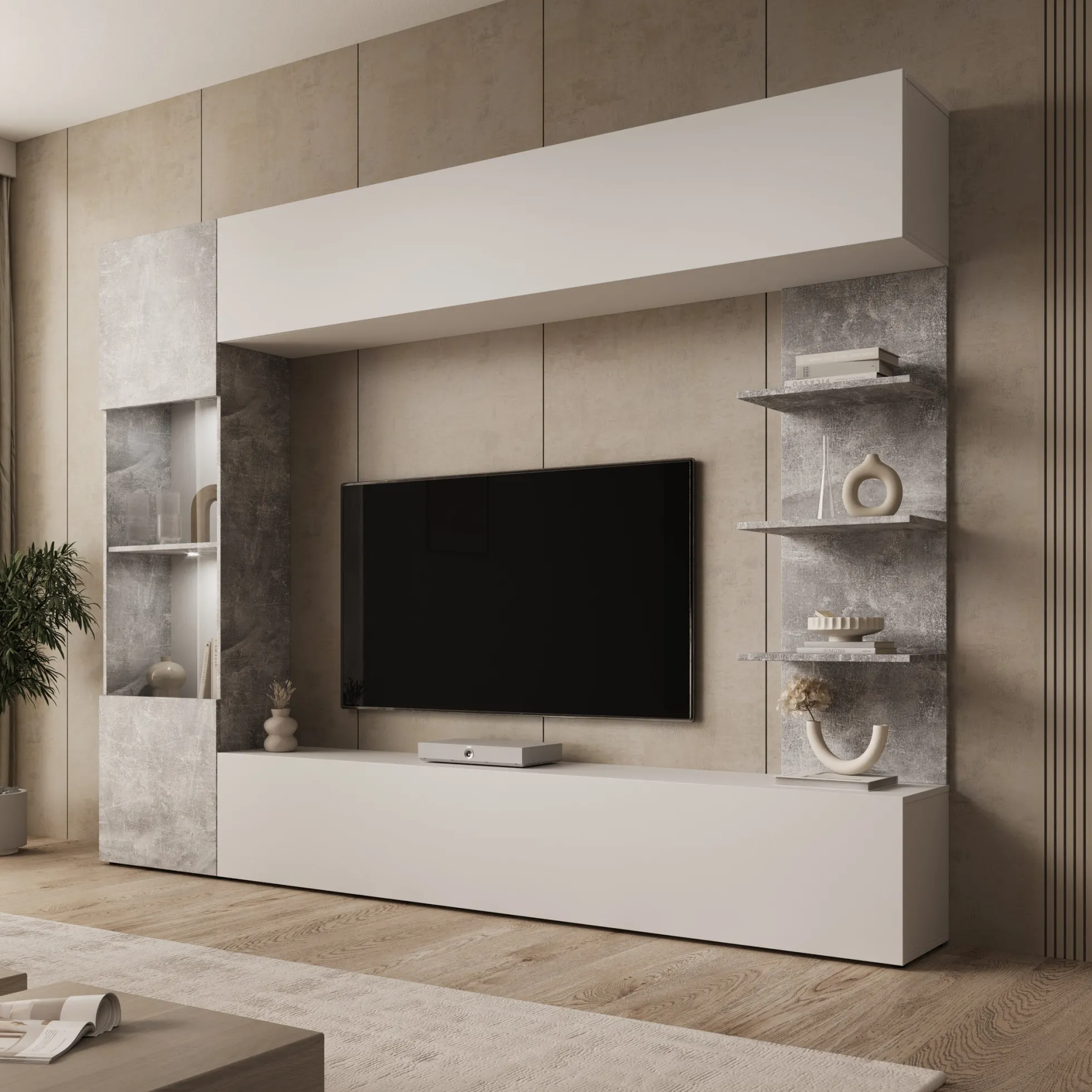 Lomezzo - Wandmeubel met verlichting - Wit/Betonlook - 250x30x187 cm
